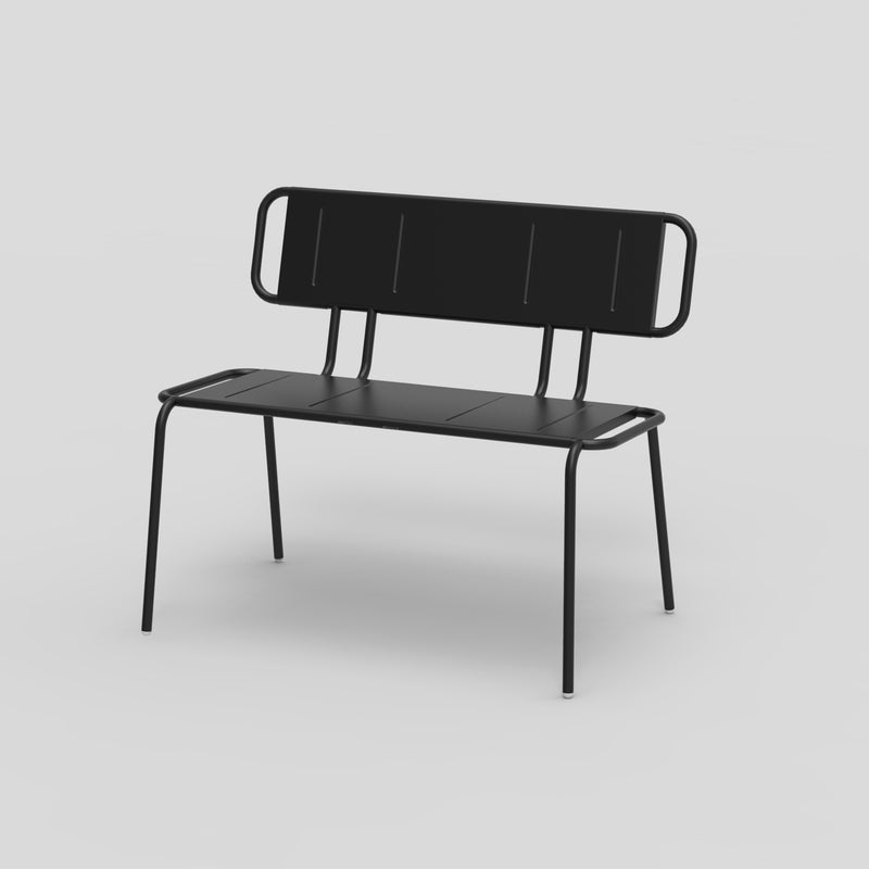 The Hama Bench by Echtstahl is a minimalist black metal bench with bent pipes, a simple backrest, and armrests on each side, set against a plain white background. Its clean lines contribute to a modern aesthetic reminiscent of the sleek Hama chair design.