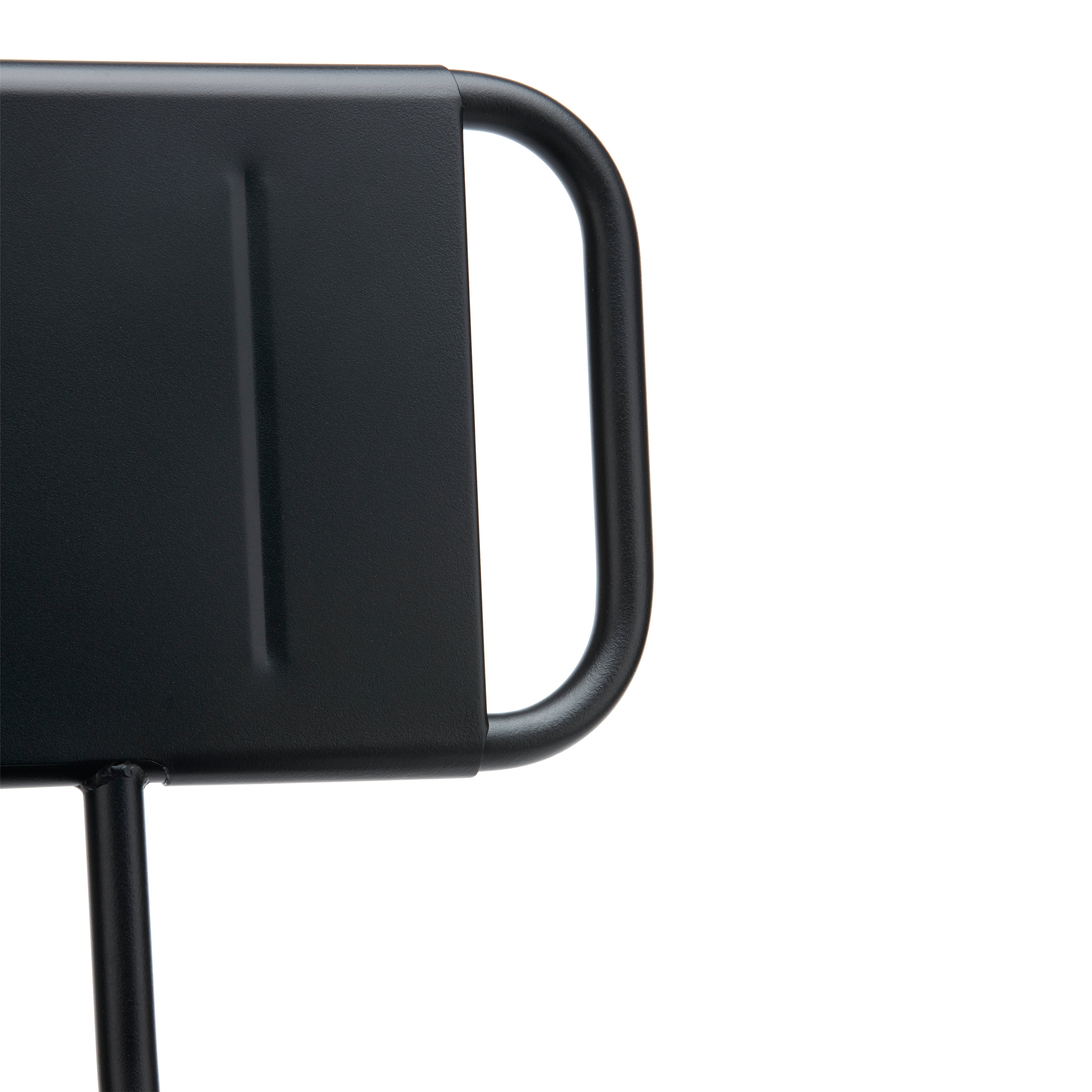 Close-up of the Hama Chair by Echtstahl, showcasing its sleek black metal backrest and right-side handle. Perfect for outdoor seating, this chair combines modern minimalism with contemporary elegance against a white background.