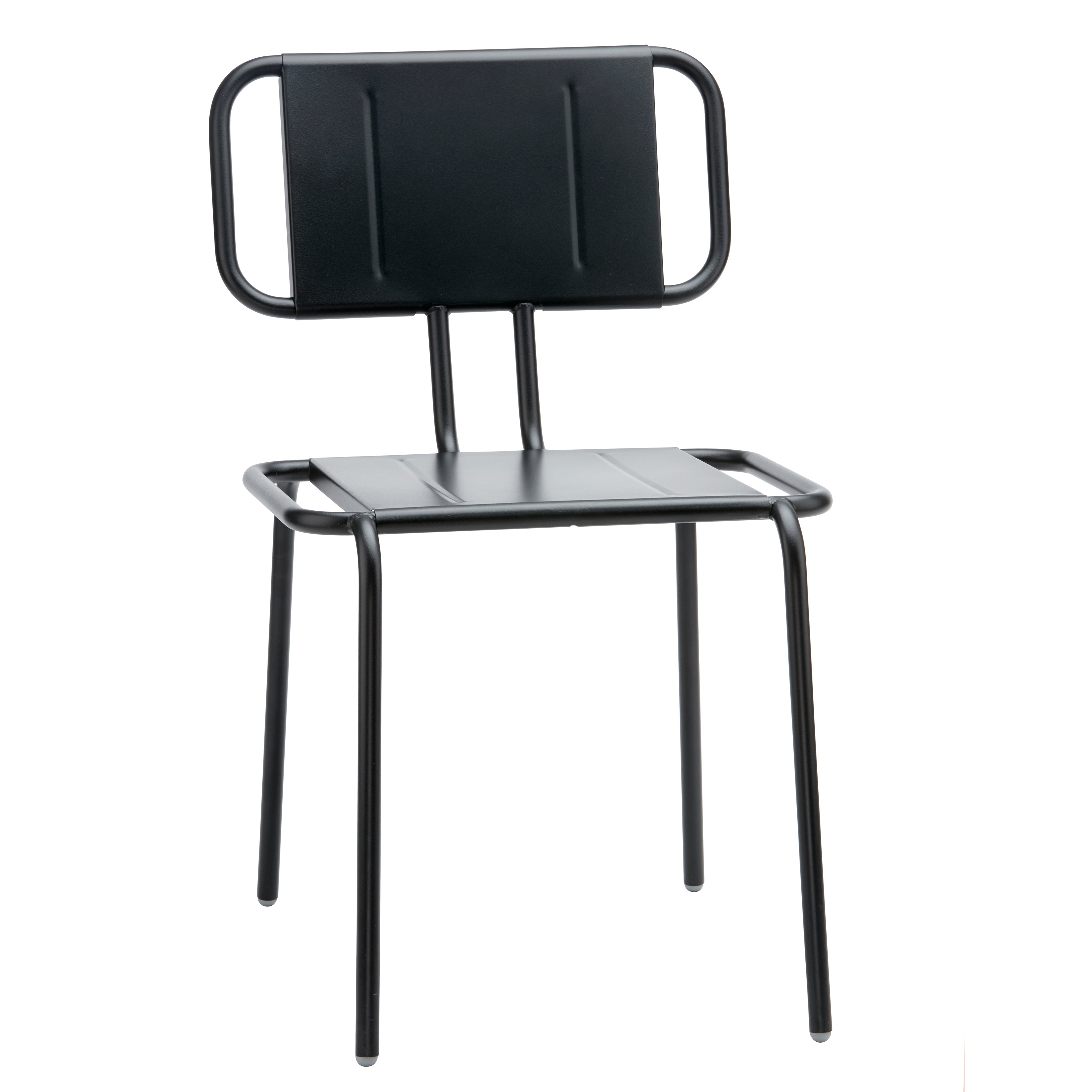 The Echtstahl Hama Chair in black combines minimalist design with a rectangular backrest and seat, along with tubular legs and armrests, making it ideal for outdoor use. It offers a sleek, modern industrial style.