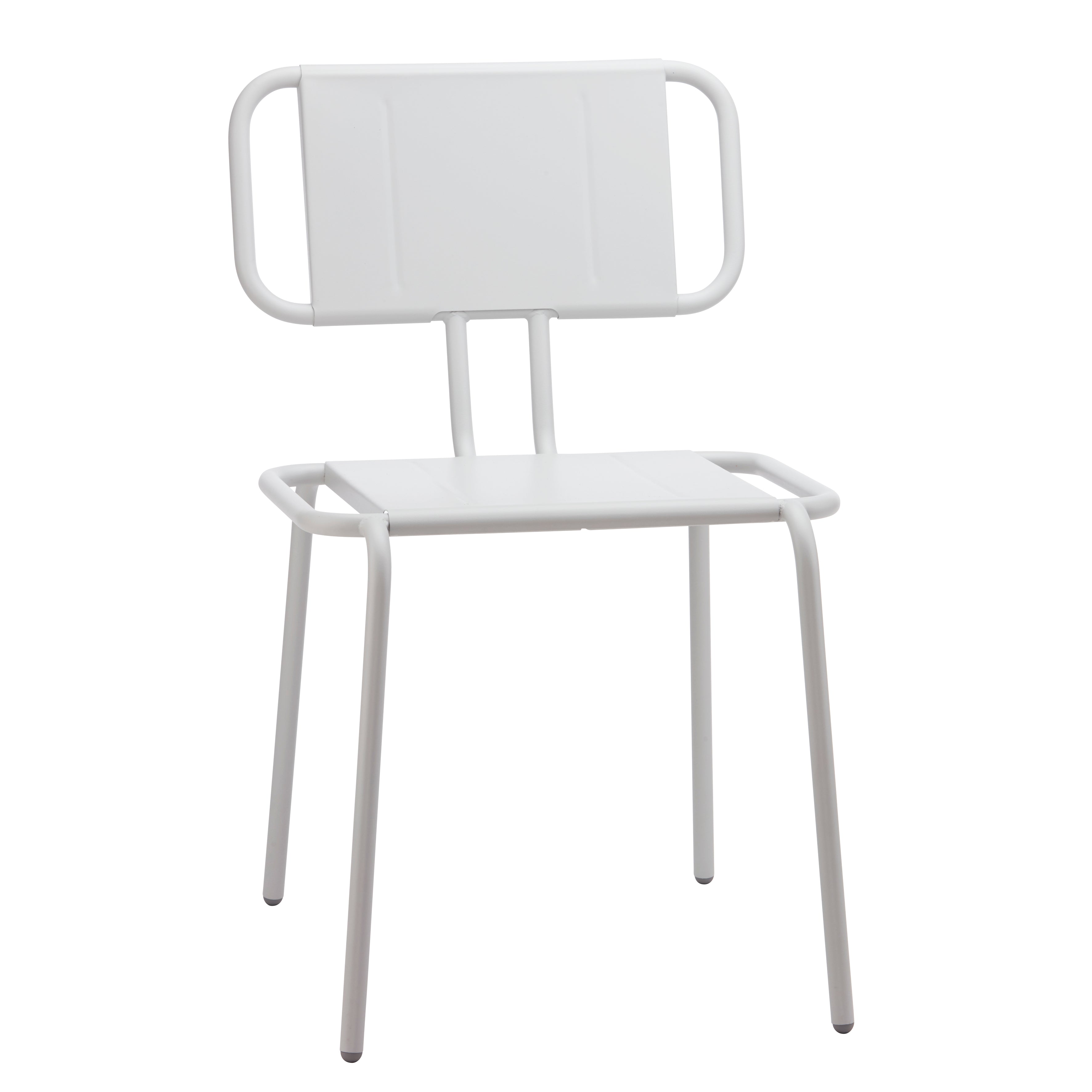 Introducing Echtstahls Hama Chair: a modern white metal chair ideal for outdoor seating, featuring a rectangular backrest, simple seat design, and four legs with black feet. Its frame has rounded corners for a minimalistic industrial style.