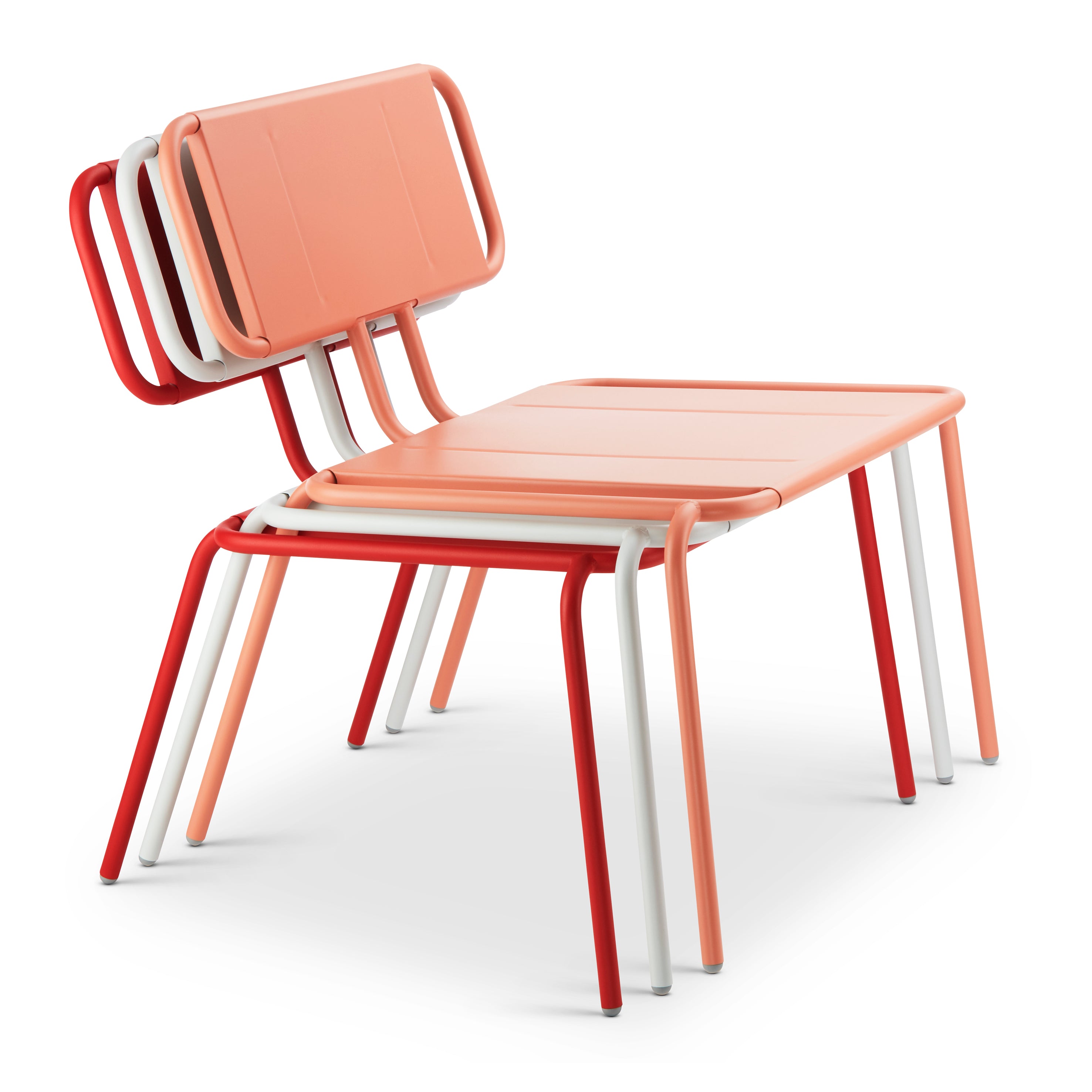 Introducing the Hama Lounge Chair by Echtstahl, a unique modern marvel with layered flat square panels in vibrant orange, red, and white. The stackable design features matching tubular legs for a cohesive style, blending versatility and flair seamlessly.