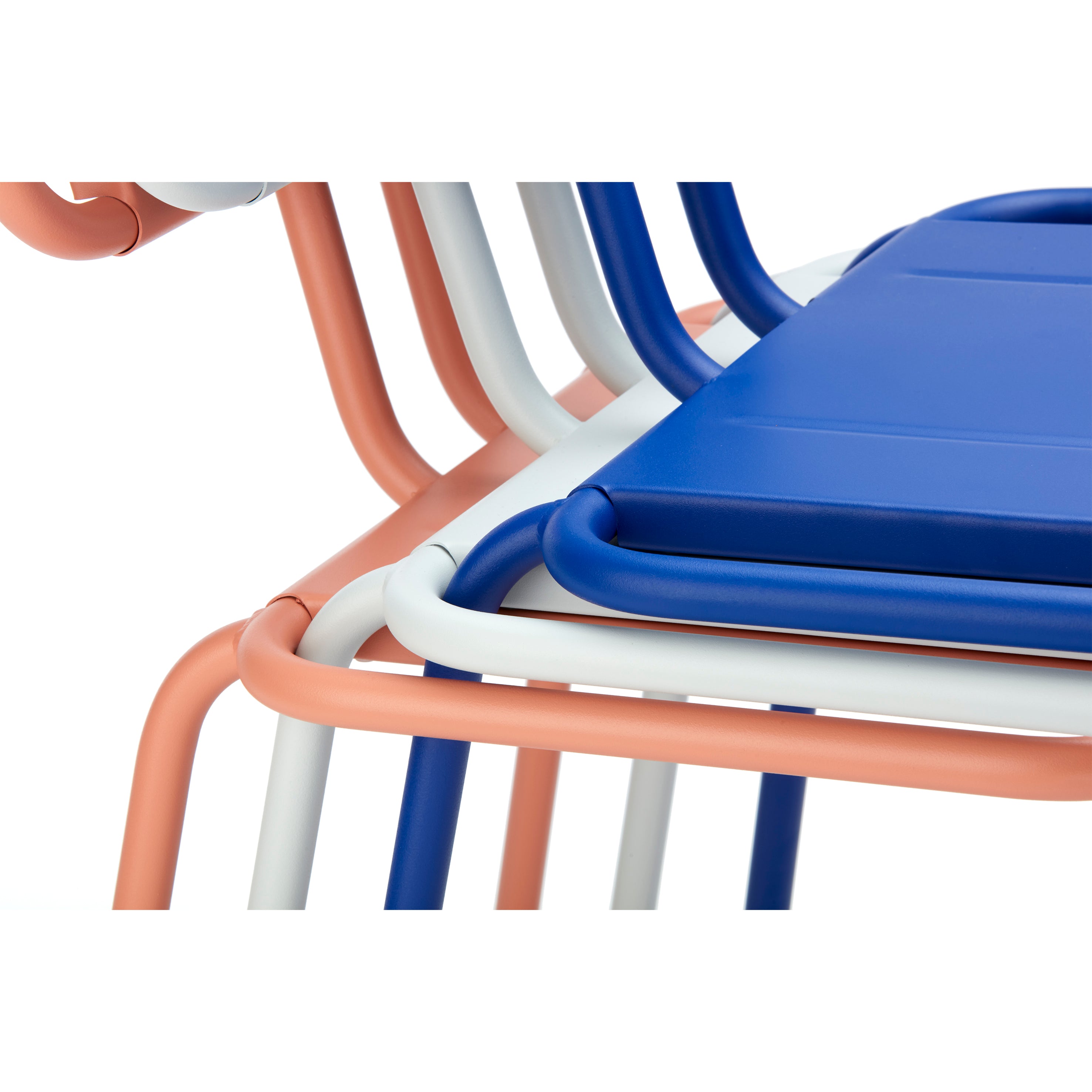 Close-up of stackable Hama Lounge Chairs by Echtstahl showcases vibrant blue seats with white, blue, and orange frames. The sleek lines and modern aesthetic paired with durable stainless steel highlight the design.
