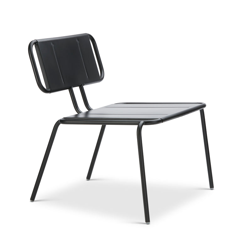 The sleek Hama Lounge Chair by Echtstahl combines a minimalist design with a modern black finish, featuring a straight-backed seat and slender metal legs. Its stainless steel frame adds an industrial touch and is stackable for versatile use in any setting.