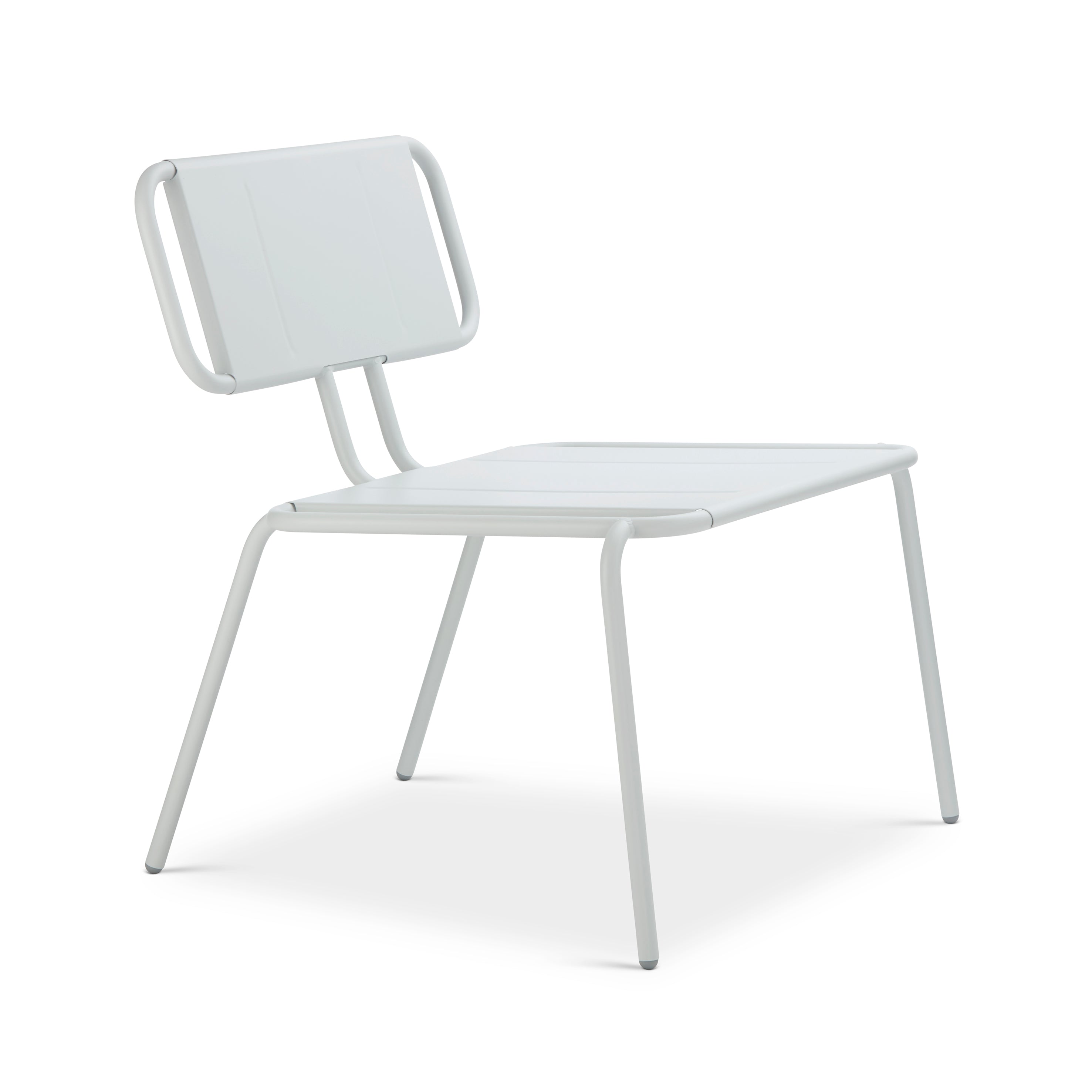 The Hama Lounge Chair by Echtstahl is a minimalist piece with a sleek stainless steel frame and flat, rectangular seat and backrest. Its light gray color pairs with four slim, angled legs to enhance its stackable, versatile design.