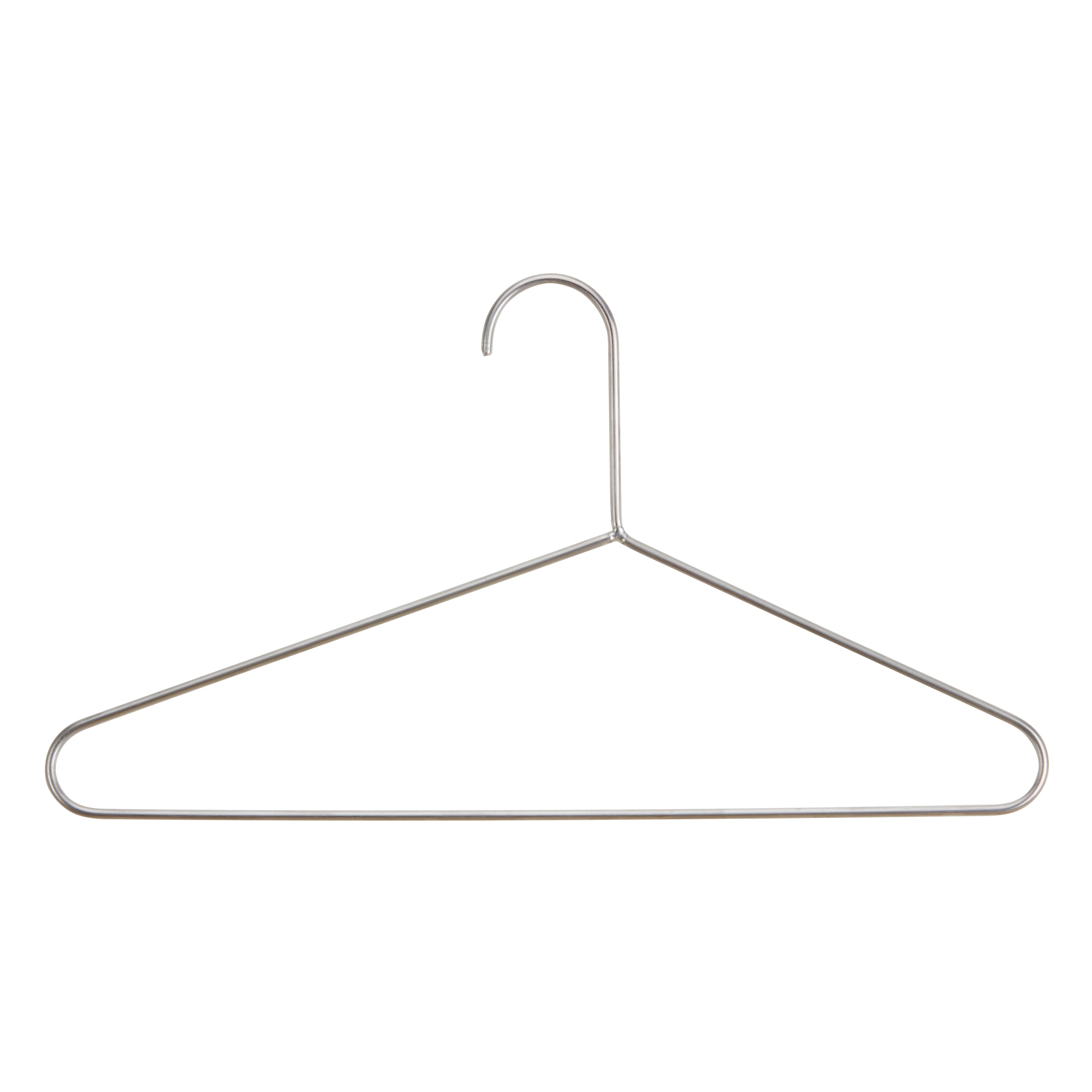 The Ivo clothes hanger by Echtstahl, designed by Mark Braun, features stainless steel construction with a triangular shape and curved hook. Elegantly displayed against a plain white background.