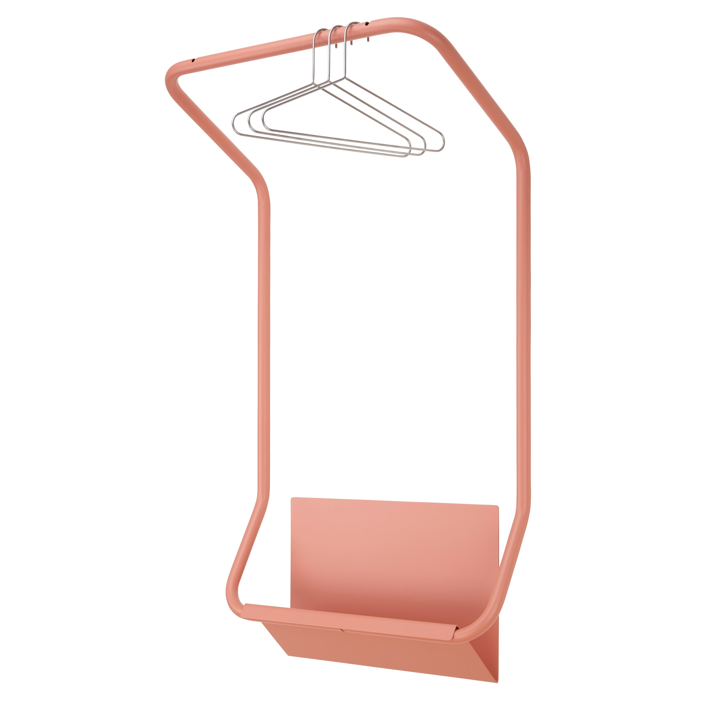 The Piro Coat Rack by Echtstahl is a minimalist, powder-coated pink wall-mounted rack with a sleek rectangular frame. It includes three stainless steel hangers on a rail and a lower shelf for extra storage, adding modern style to any space. Now on sale!.