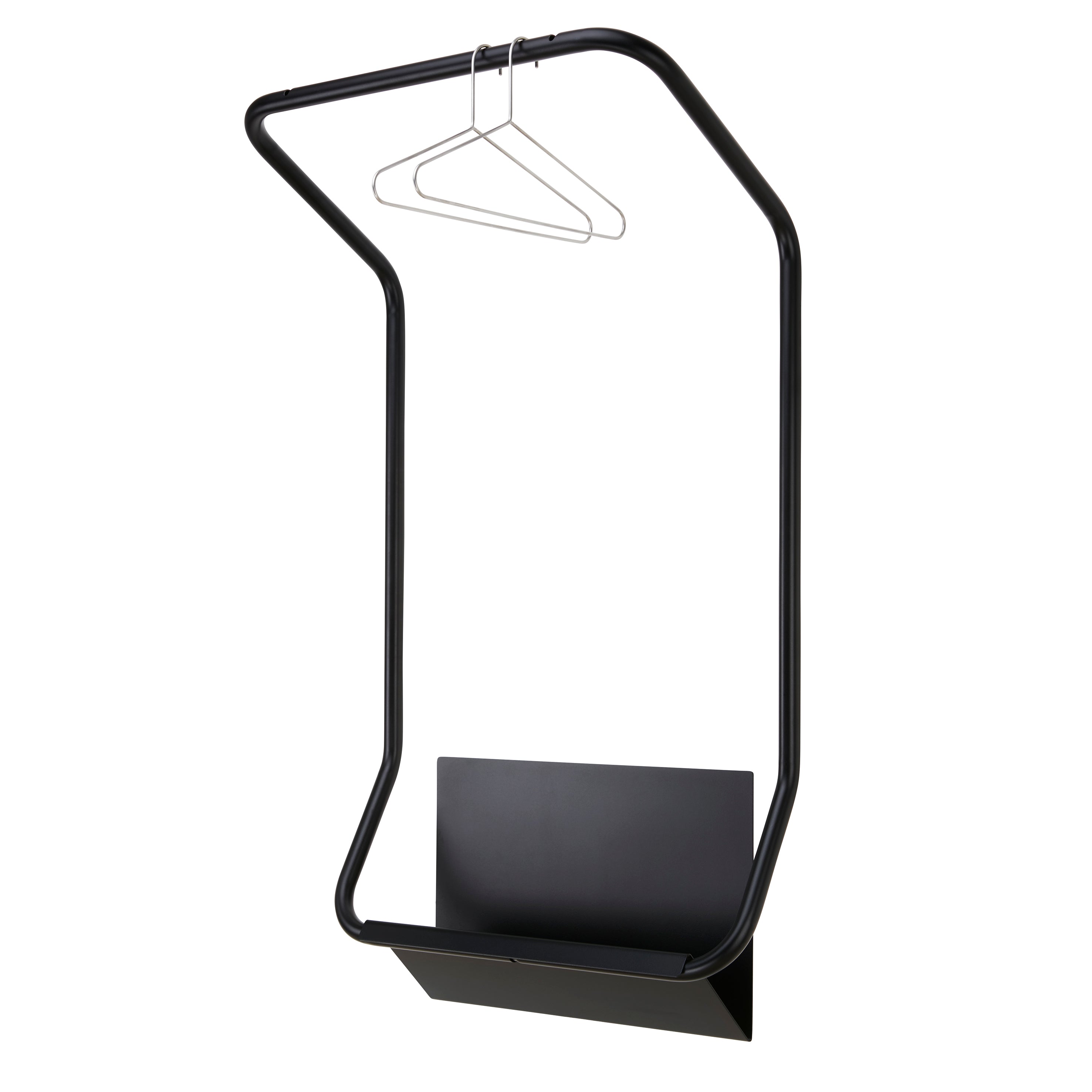 The Piro Coat Rack by Echtstahl features a minimalist design with two curved bars, includes metal hangers, and has a bottom shelf for storage. This sleek black wall-mounted rack perfectly combines style and functionality.