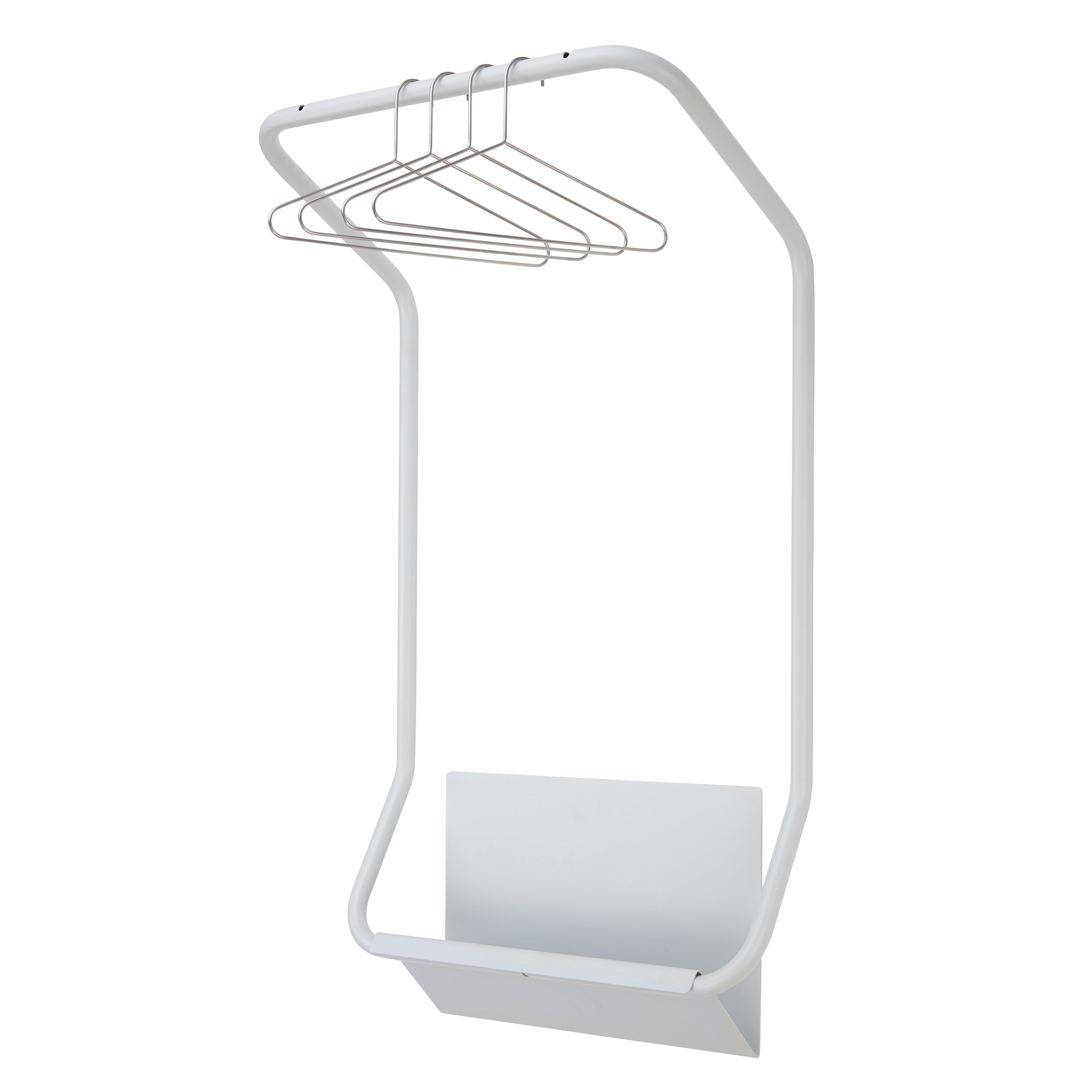 The Piro Coat Rack by Echtstahl is a minimalist white metal clothes rack with a sleek, rectangular stainless steel frame. It includes four matching hangers and a small bottom shelf, ideal for space-saving in modern interiors.