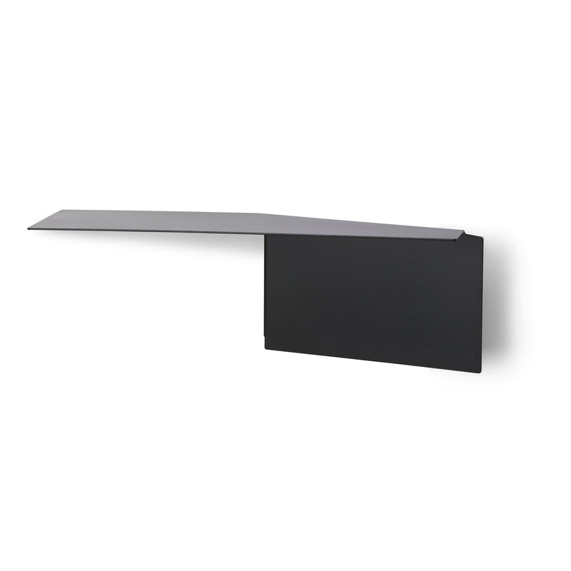 The Plateau rectangular shelf by Echtstahl is a minimalist, versatile storage solution made of powder-coated black metal, featuring a sleek flat surface with a vertical rectangular panel for support. It casts a subtle shadow on white backgrounds.
