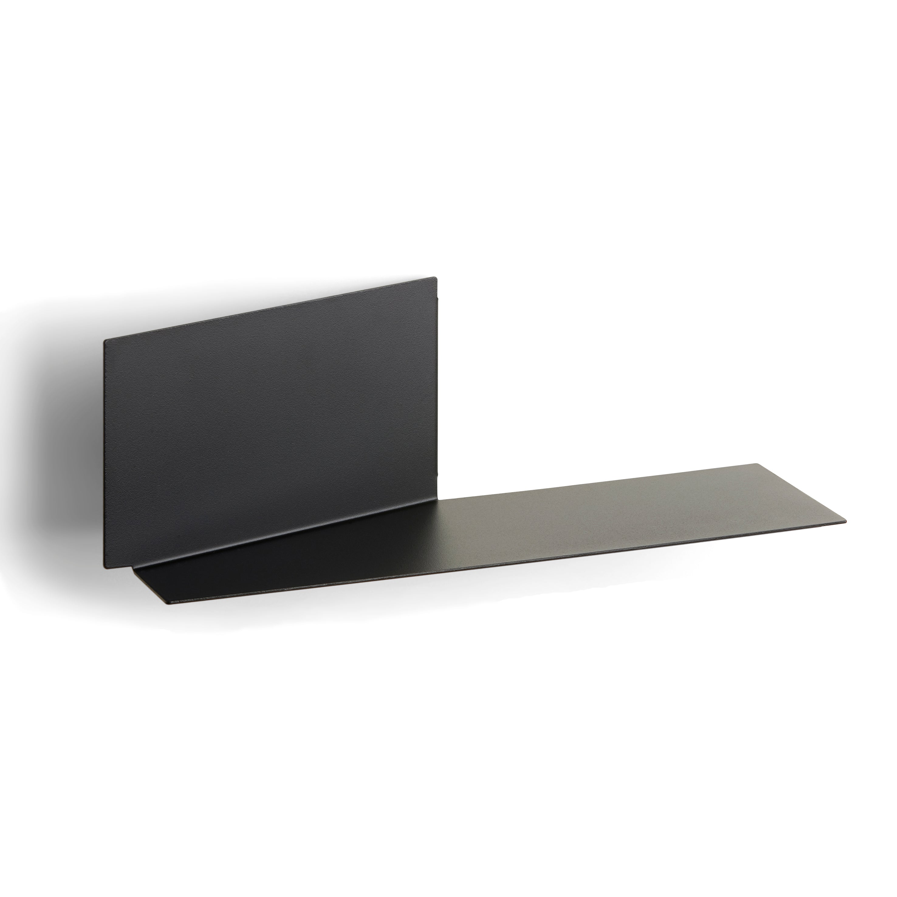 The Plateau rectangular by Echtstahl is a minimalist black metal shelf crafted from powder-coated steel, featuring a right-angle design. It mounts on a white wall, with a flat base and vertical back panel that offer a modern, sophisticated shelving solution ideal for versatile storage.