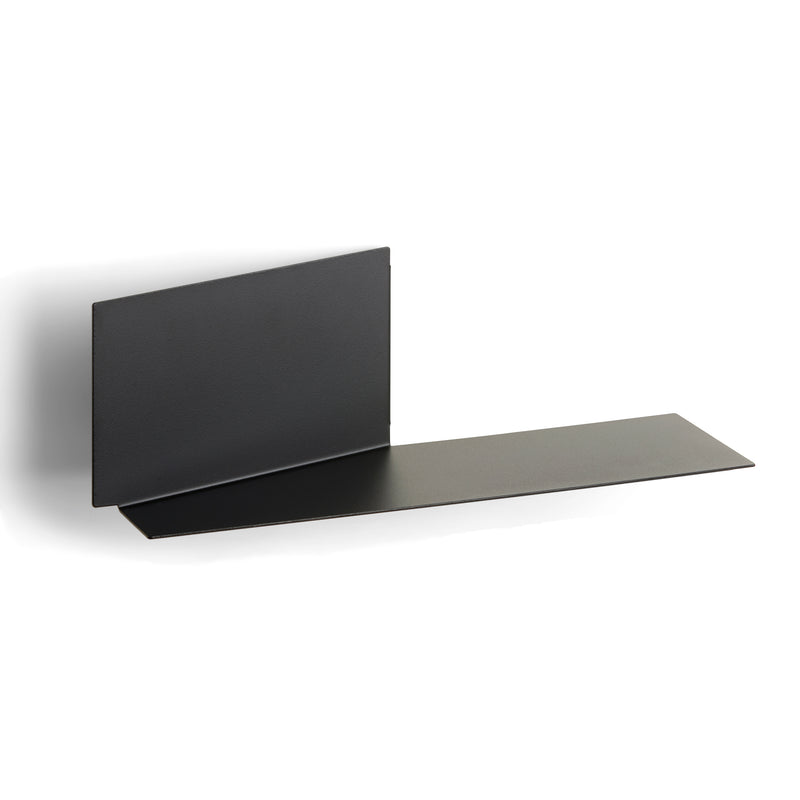 The Plateau rectangular by Echtstahl is a minimalist black metal shelf crafted from powder-coated steel, featuring a right-angle design. It mounts on a white wall, with a flat base and vertical back panel that offer a modern, sophisticated shelving solution ideal for versatile storage.