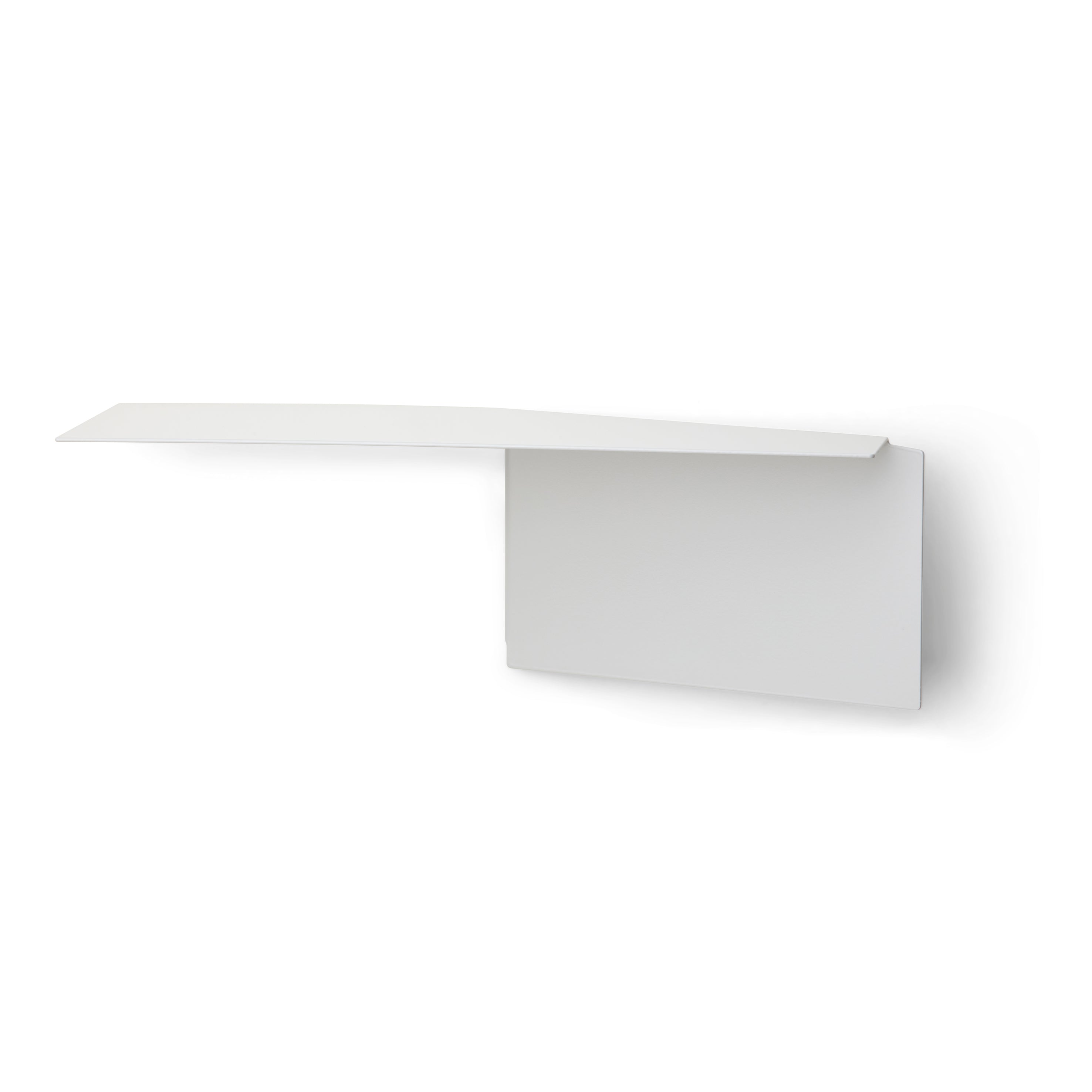The Plateau rectangular by Echtstahl is a minimalist white wall shelf crafted from powder-coated steel, featuring a thin, flat design with an angular vertical support. This sophisticated unit offers a modern and sleek look, ideal for contemporary settings.