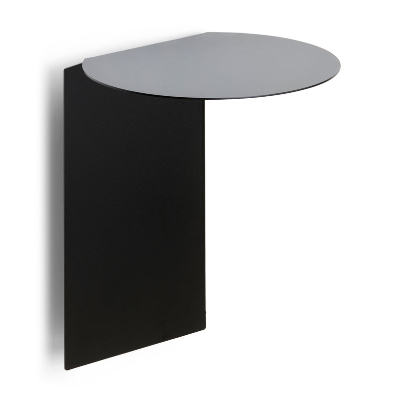 The Plateau round shelf by Echtstahl is a modern, wall-mounted unit made of powder-coated steel with a black rectangular back panel and light gray round surface, combining minimalist design with functional storage for versatile use in any space.