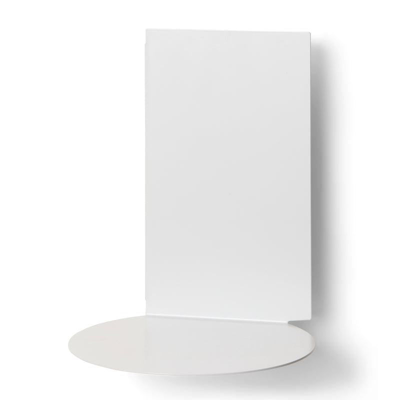 The Plateau round by Echtstahl is a sophisticated shelving unit featuring a minimalist design with a vertical rectangular back panel and circular base. Made from powder-coated steel, it offers versatile storage for any room while adding clean, modern elegance.