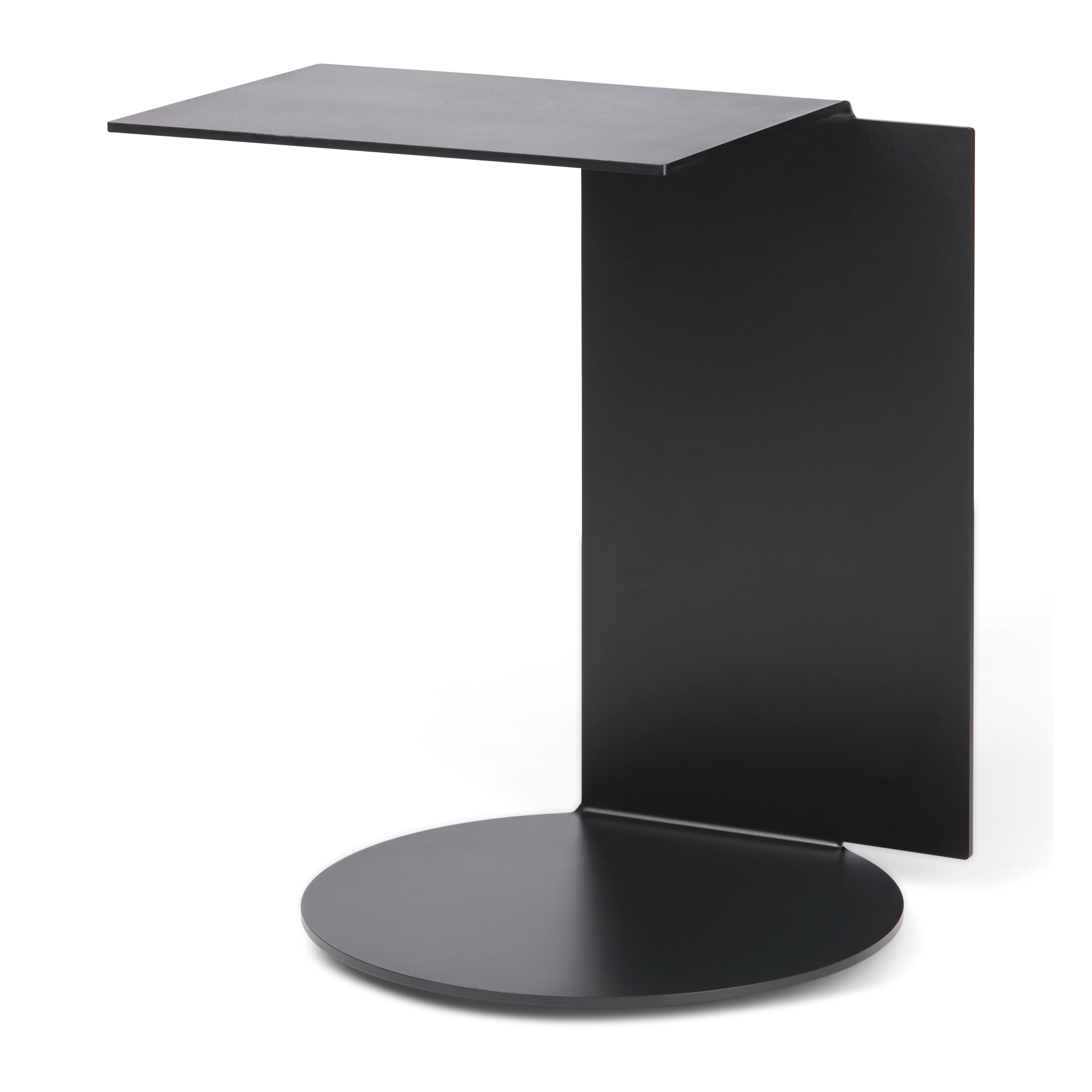 Experience the elegance of the Plateau side table by Echtstahl, crafted from sleek black powder-coated steel. This versatile piece features a rectangular top, a vertical panel, and a round base in an L-shape—ideal for any contemporary space seeking minimalist flair.