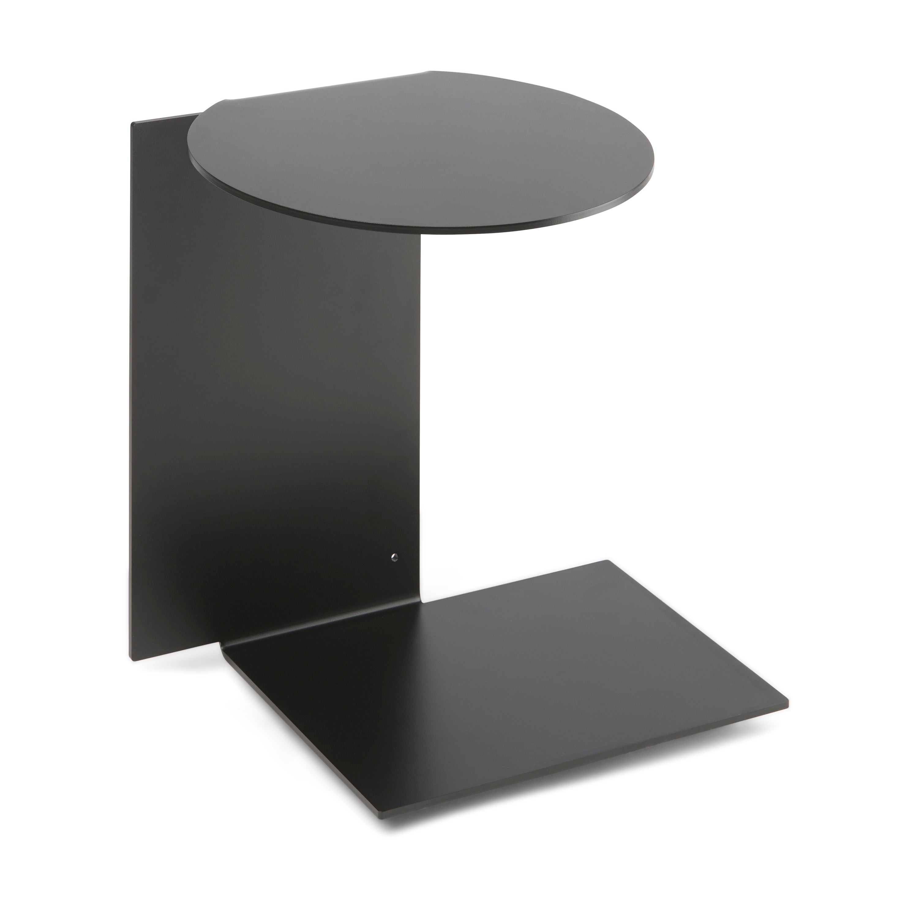 Introducing the Plateau side table by Echtstahl, a minimalist black metal piece made from powder-coated steel. Its round top and rectangular base are joined by a vertical panel, delivering a sleek design that complements contemporary interiors with versatile elegance.