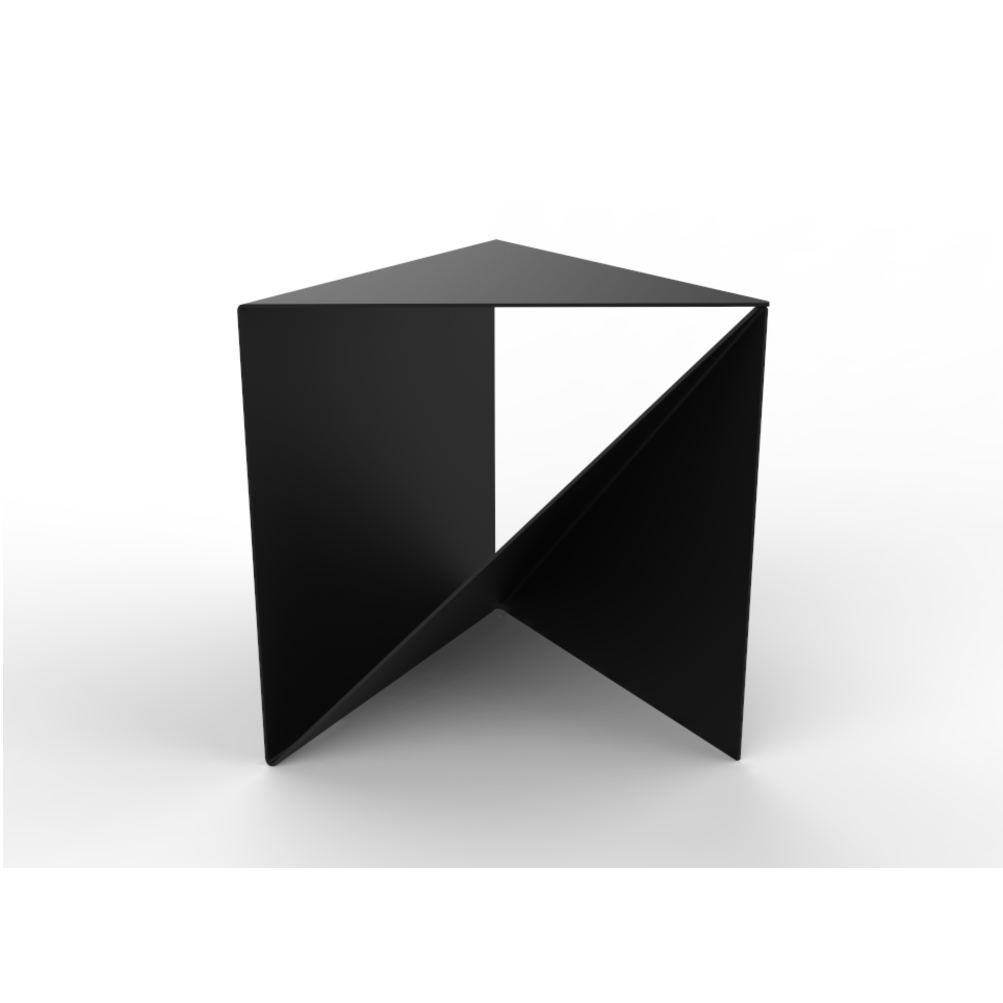 The TROY Sidetable by Echtstahl is a sleek, minimalist piece crafted from powder-coated steel. It boasts a geometric design with sharp angles and a smooth black surface, standing out against a plain white background.