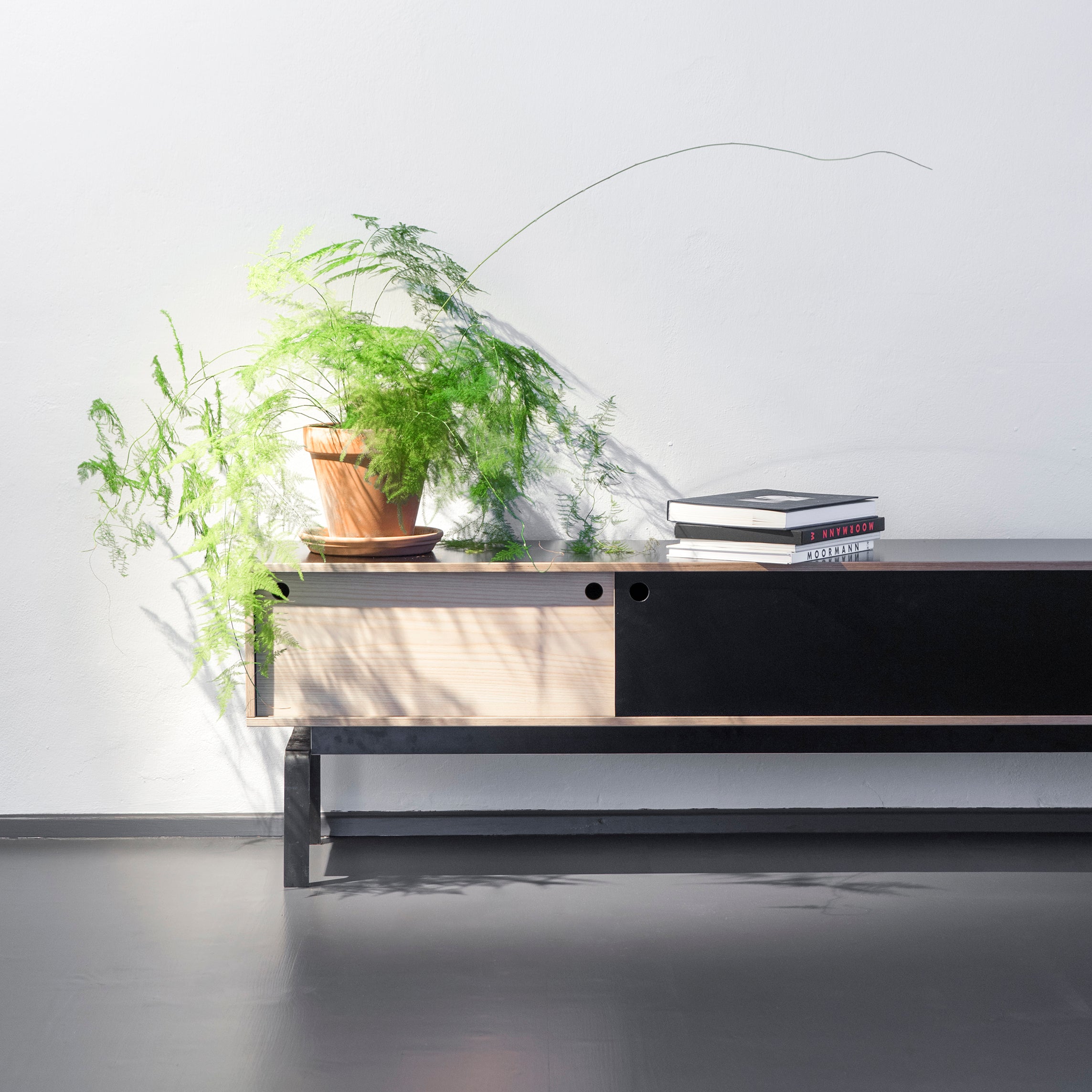 The Egal Lowboard by Moormann is a modern minimalist piece in light wood and black, set against a white wall. A potted plant with lush green leaves and a stack of books adorn the top, casting soft shadows on the wall and floor.