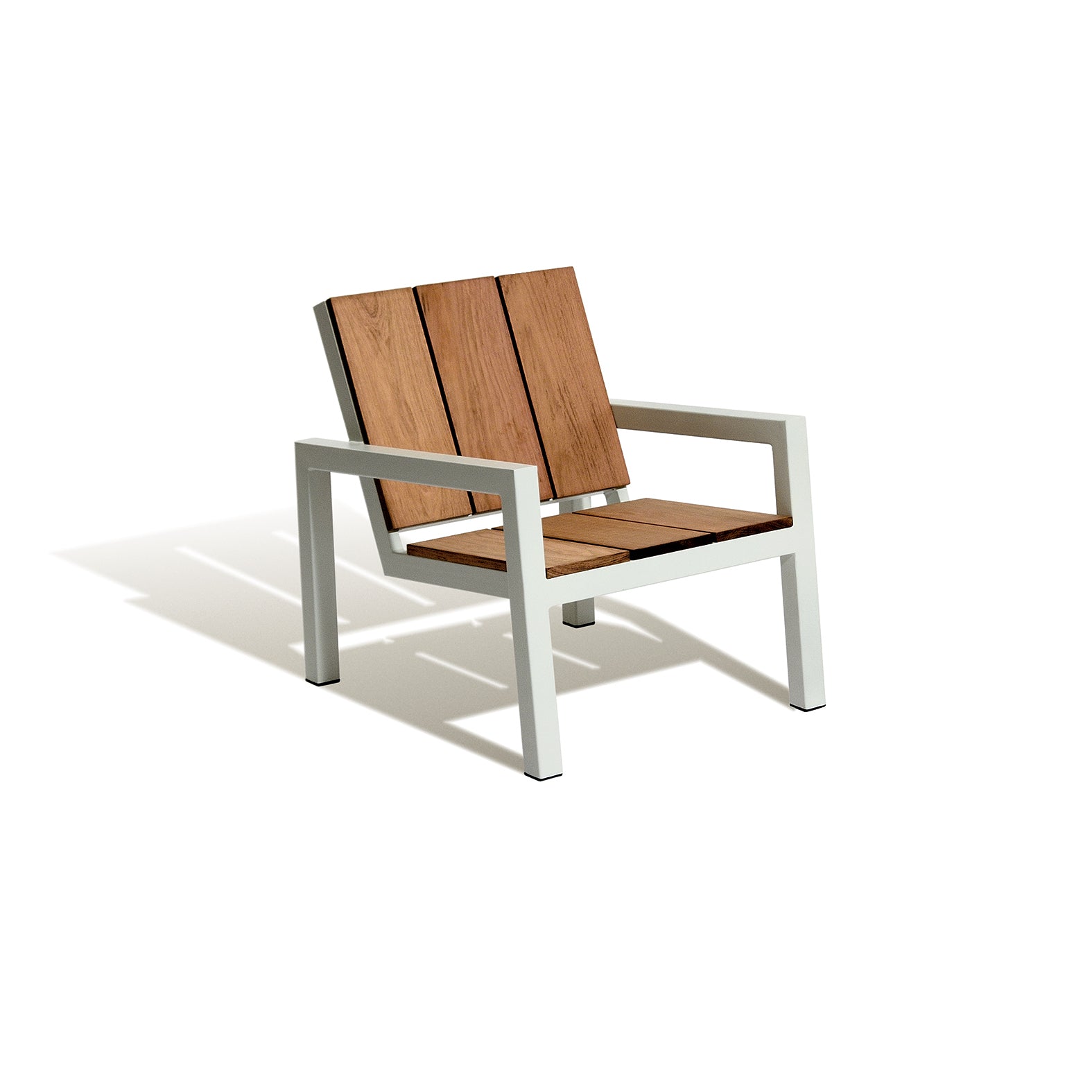 The Laurede Lounge Chair by Egoe boasts a tropical wood slatted backrest and seat, accented with white metal armrests and legs. Its modern charm is highlighted by a pristine white background.