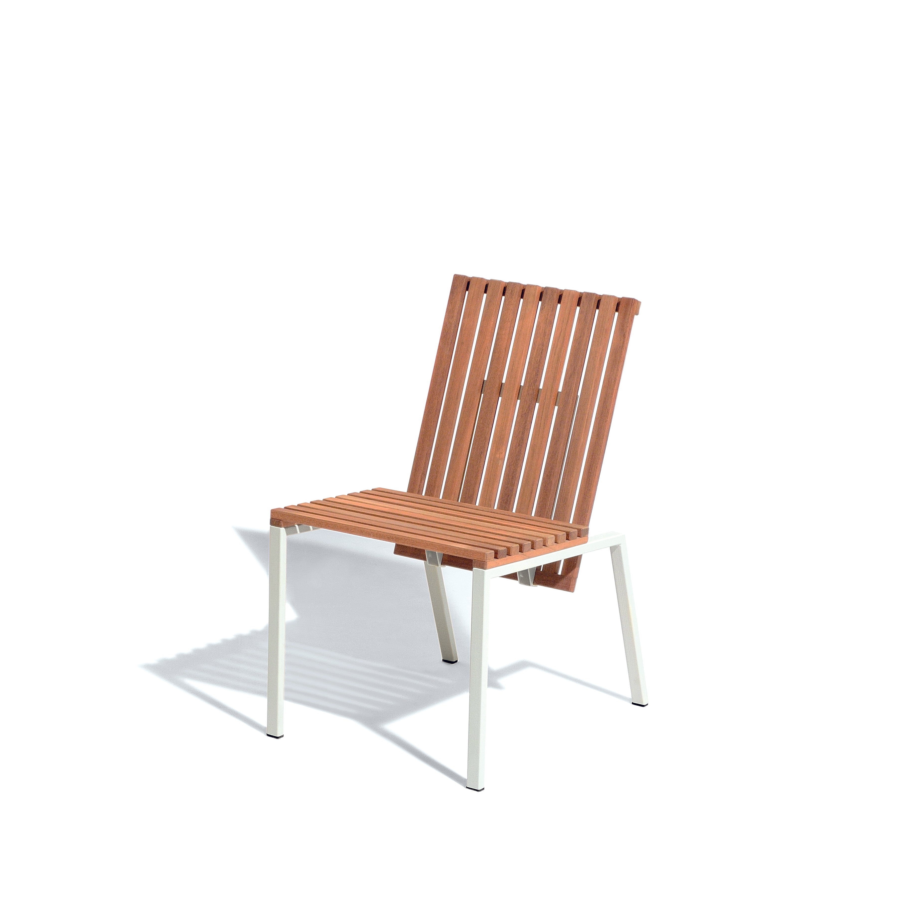 Introducing the Egoe Axis Chair, featuring a slatted tropical wood back and seat on a minimalist white, zinc-plated steel frame. Set against a plain white background, it creates intriguing shadows.