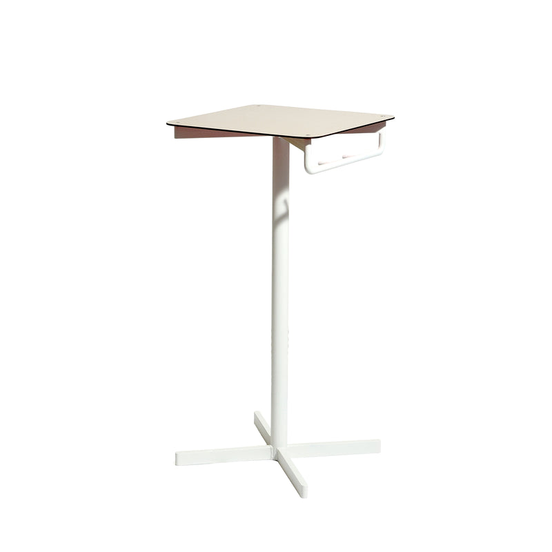 The Egoe BISTROT BAR Bar Table is a sleek, minimalist white standing desk with a square tabletop and metal frame. Its cross-shaped base provides support, and a side handle or slot adds functionality, making it perfect for contemporary restaurant or bistrot bar settings.