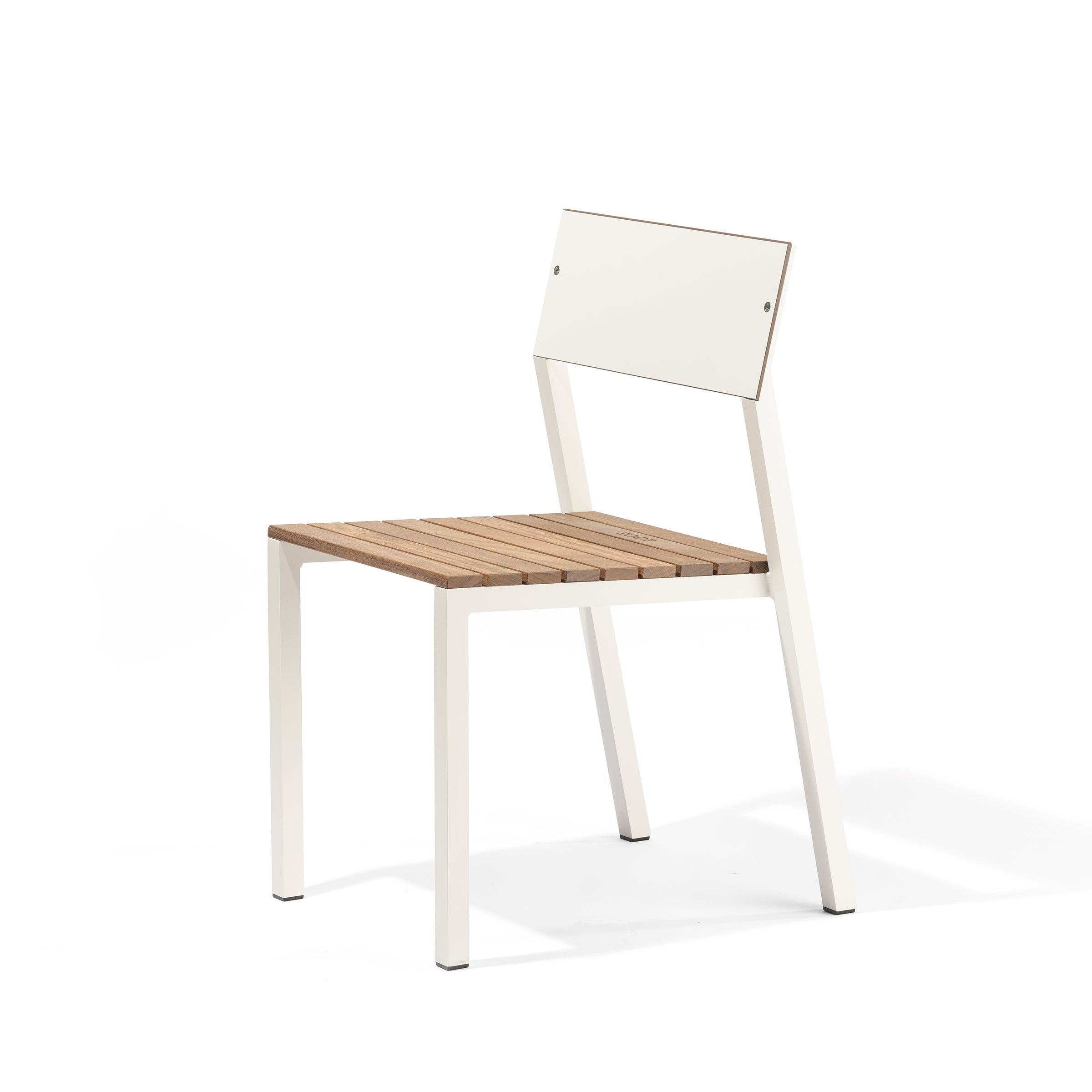The Cora Chair by Egoe features a wooden slatted seat and sleek white angled metal frame, complemented by a matching rectangular backrest. This modern, minimalist design offers versatile outdoor furniture solutions as stackable chairs.