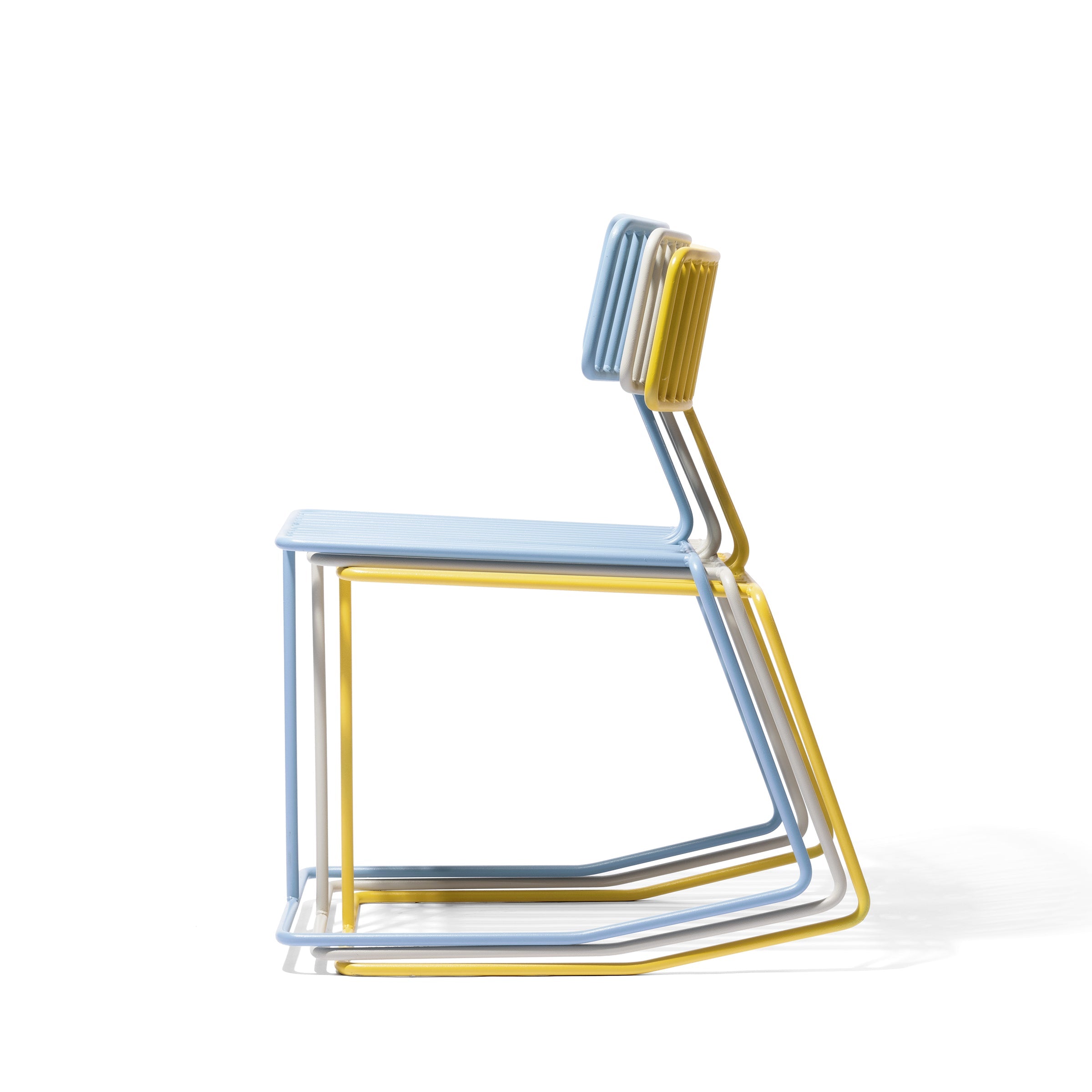 Three stackable Hope Chairs by Egoe, on sale, showcase a minimalist design with metal frames in blue, yellow, and light blue. Featuring slatted backs and seats, they look modern and sleek against a white background.