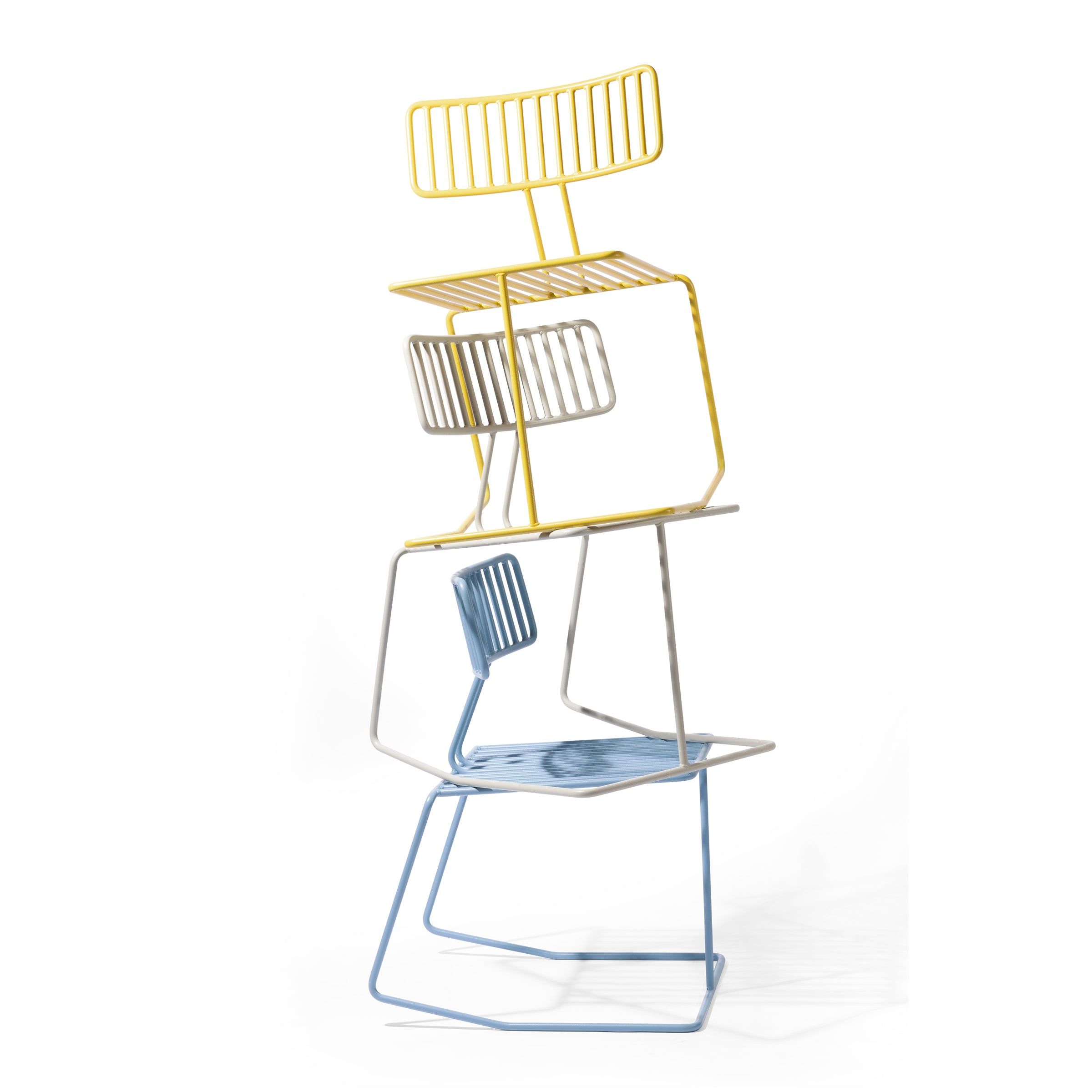 A stack of four elegant Hope chairs by Egoé is displayed on a white background. The chairs, in vibrant yellow, gray, silver, and blue, boast minimalist designs with wireframe backrests and geometric shapes.