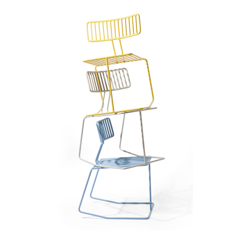 A stack of four elegant Hope chairs by Egoé is displayed on a white background. The chairs, in vibrant yellow, gray, silver, and blue, boast minimalist designs with wireframe backrests and geometric shapes.