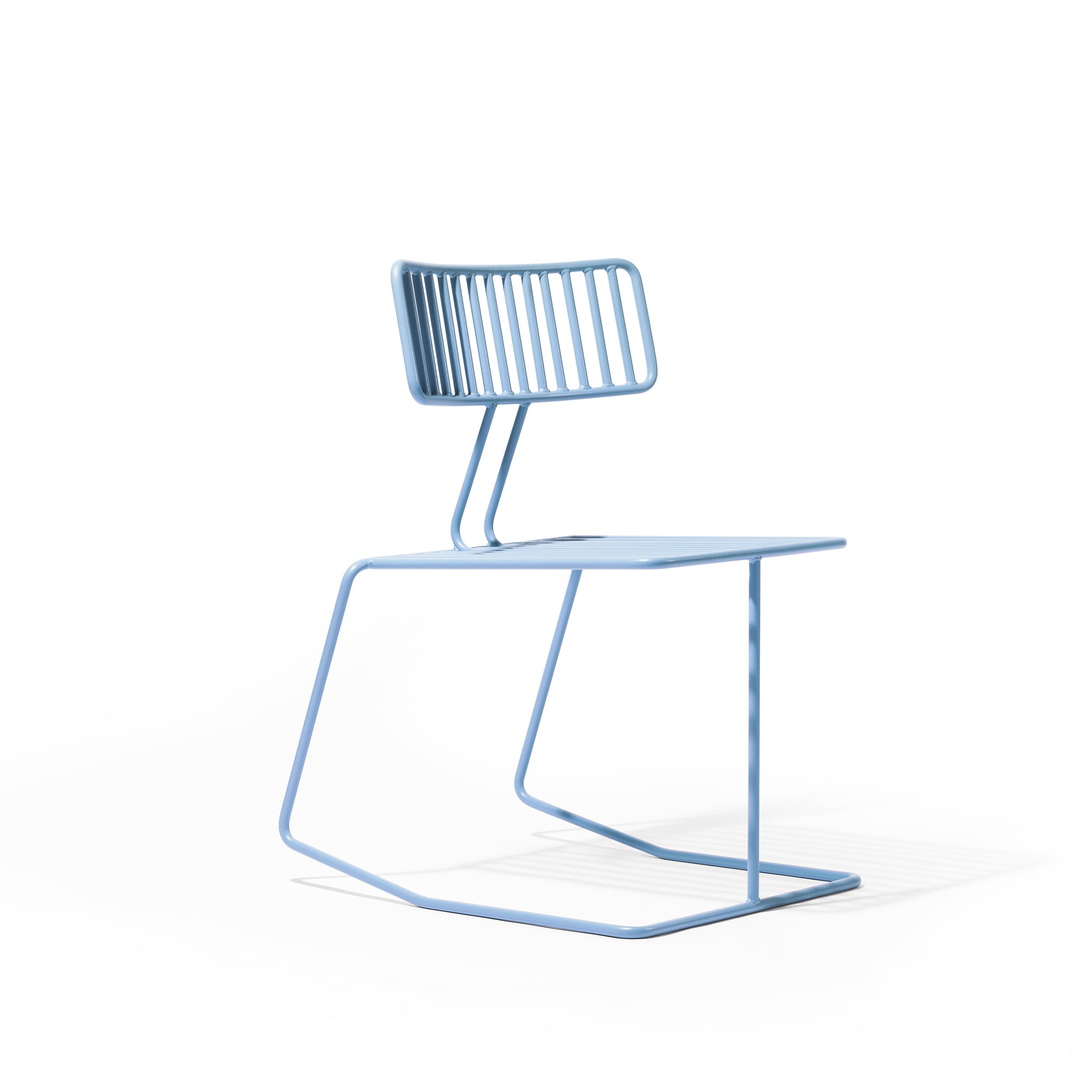 The Hope Chair by Egoé is a sleek, modern, light blue metal piece featuring a geometric design. With its slatted backrest, angled seat, and continuous loop frame against a white background, it exudes elegance.
