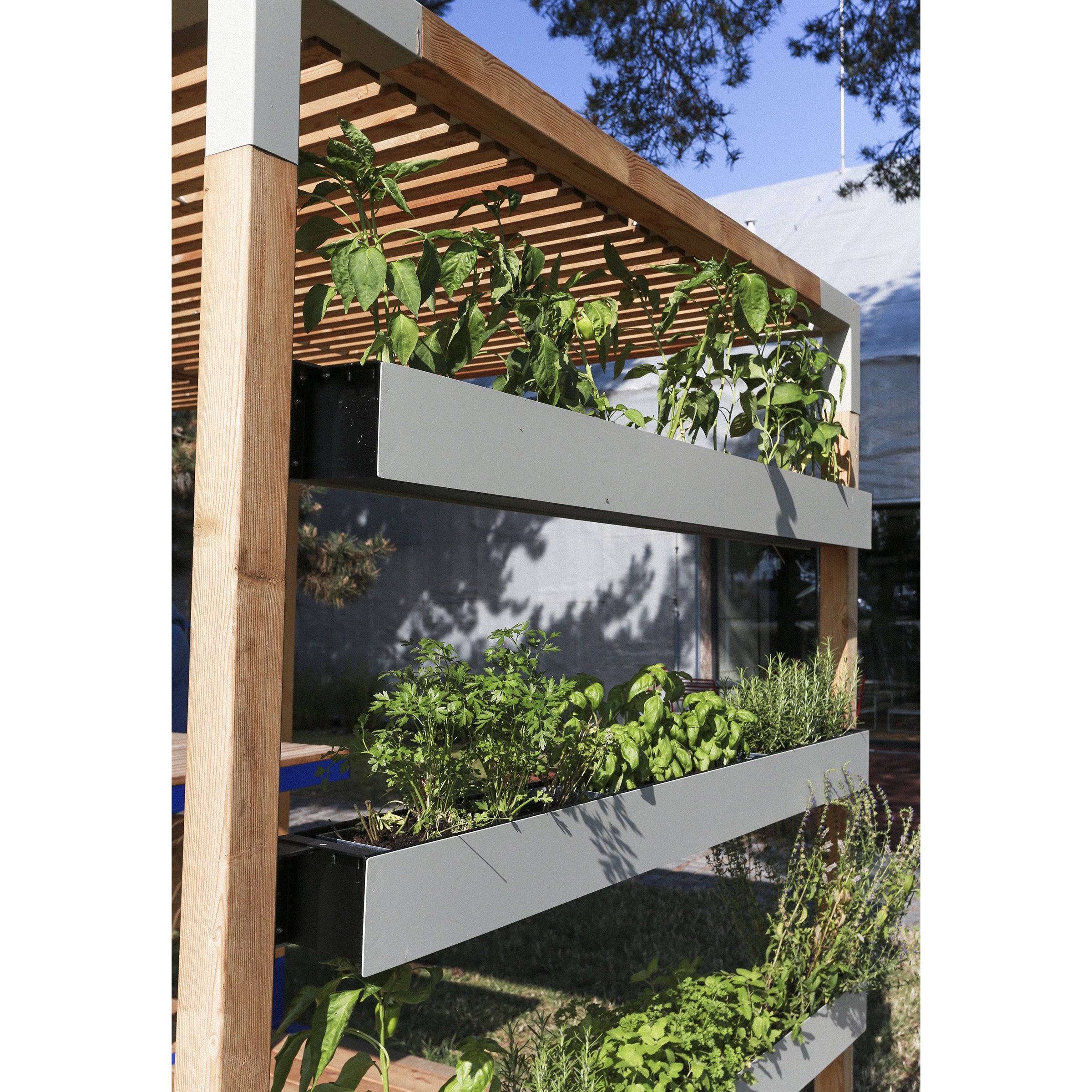 The Egoe Leva Office and Classroom system features a three-tier vertical garden with lush greenery, supported by an elegant wooden frame. Set outdoors on a sunny day, nearby trees cast gentle shadows, creating a serene outdoor office space.