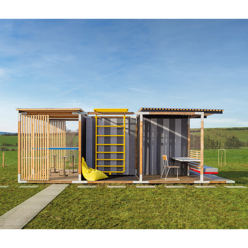 Set in a grassy field under a blue sky, the Egoé Leva Office and Classroom features a ladder, climbing walls, and a small playhouse with table and chair. With a curved slide on the left structure, it seamlessly transforms from play to your perfect outdoor office escape.