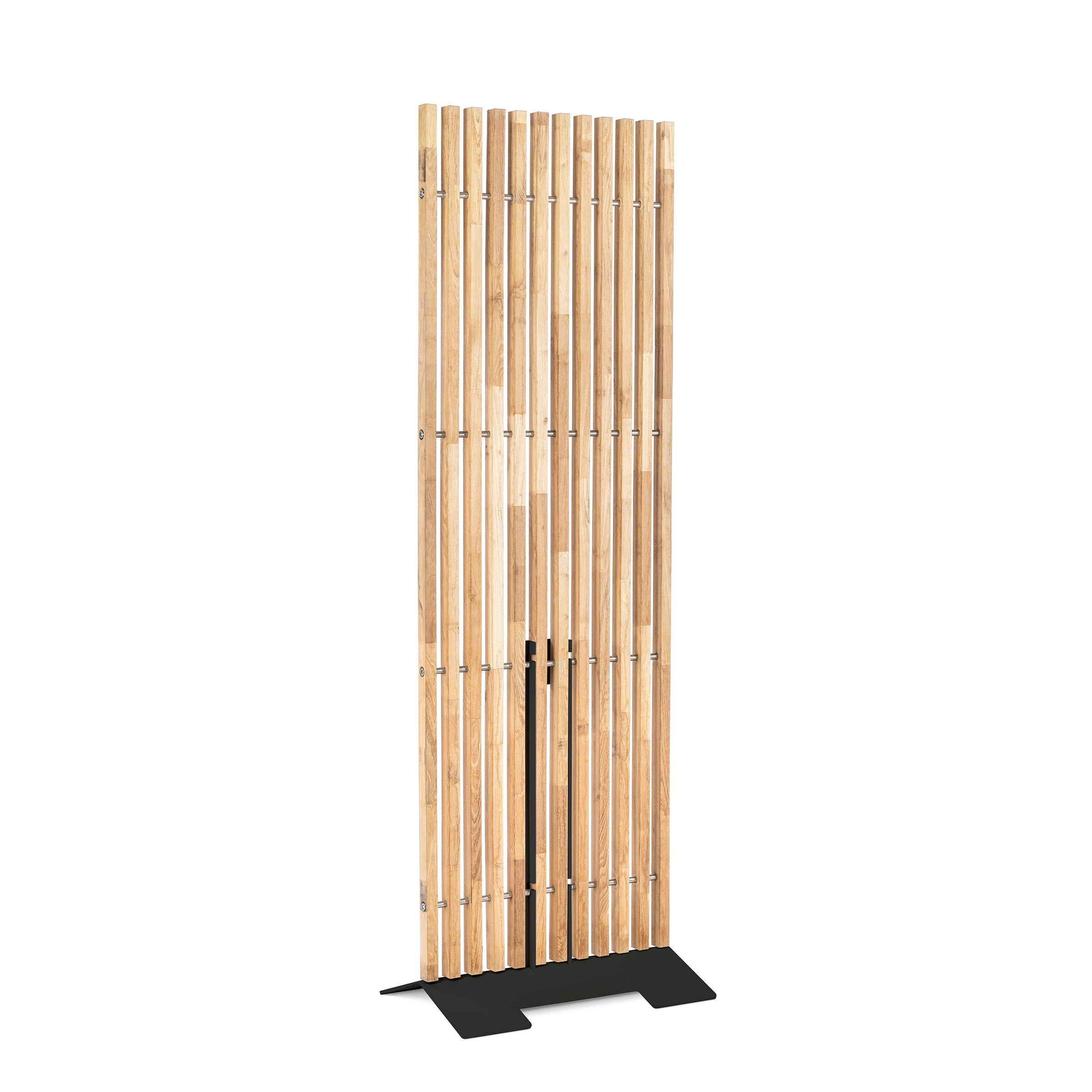The Mario Screen by Egoe is a tall, freestanding partition made of vertical slats with a galvanized steel base. It features a minimalist design using light wood for an airy, modern appearance, providing privacy and shade while ensuring stability.