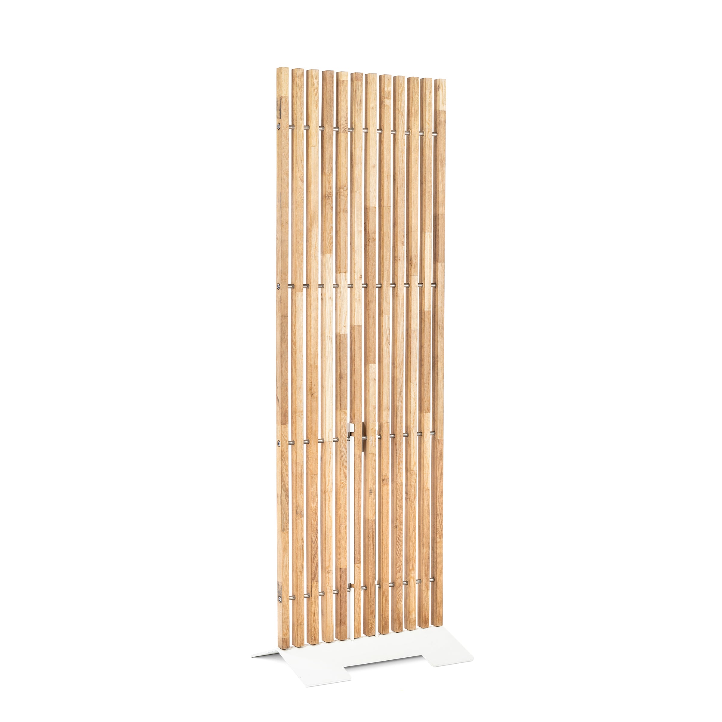 The Mario Screen by Egoe is a tall, freestanding divider with narrow vertical wooden slats set in a white base, boasting a natural finish that highlights diverse wood grain patterns for an elegant privacy or decorative touch in any space.