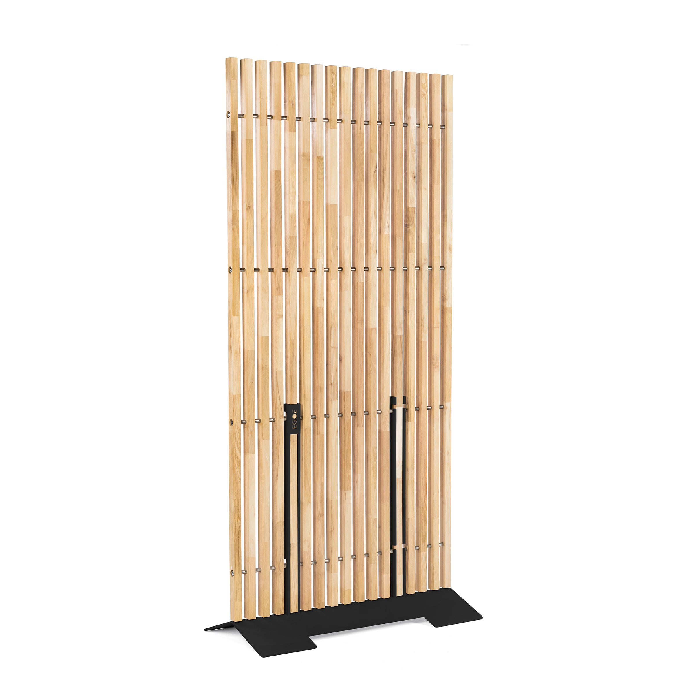 The Egoe Mario Screen is a tall room divider made of vertical wooden slats with black metal connectors. Its sturdy base, built from galvanized steel stands, ensures stability. The wood features a light, natural finish for privacy and shade.