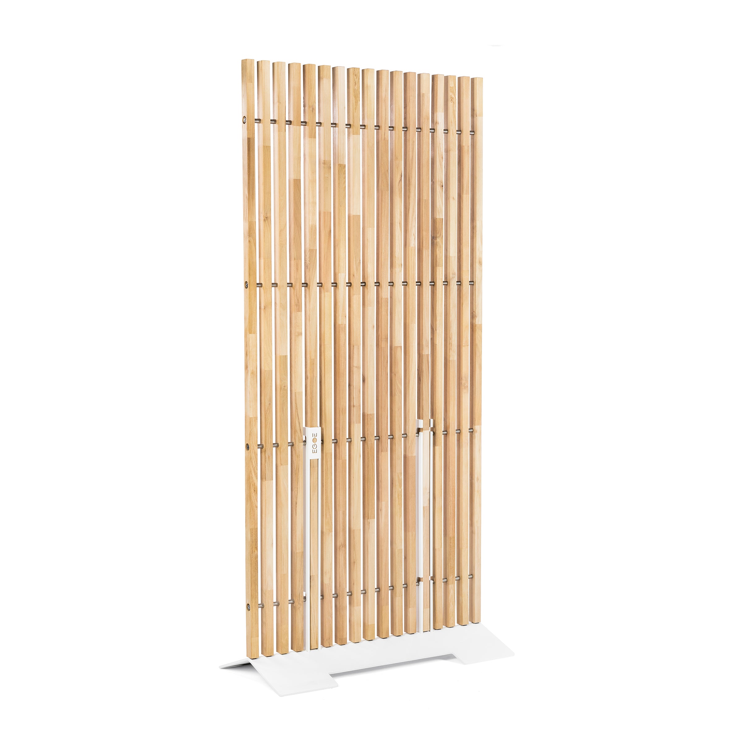 The Mario Screen by Egoe is a standing wooden room divider with vertical slats and a sleek white metal base, ideal as a stylish privacy screen for modern spaces.
