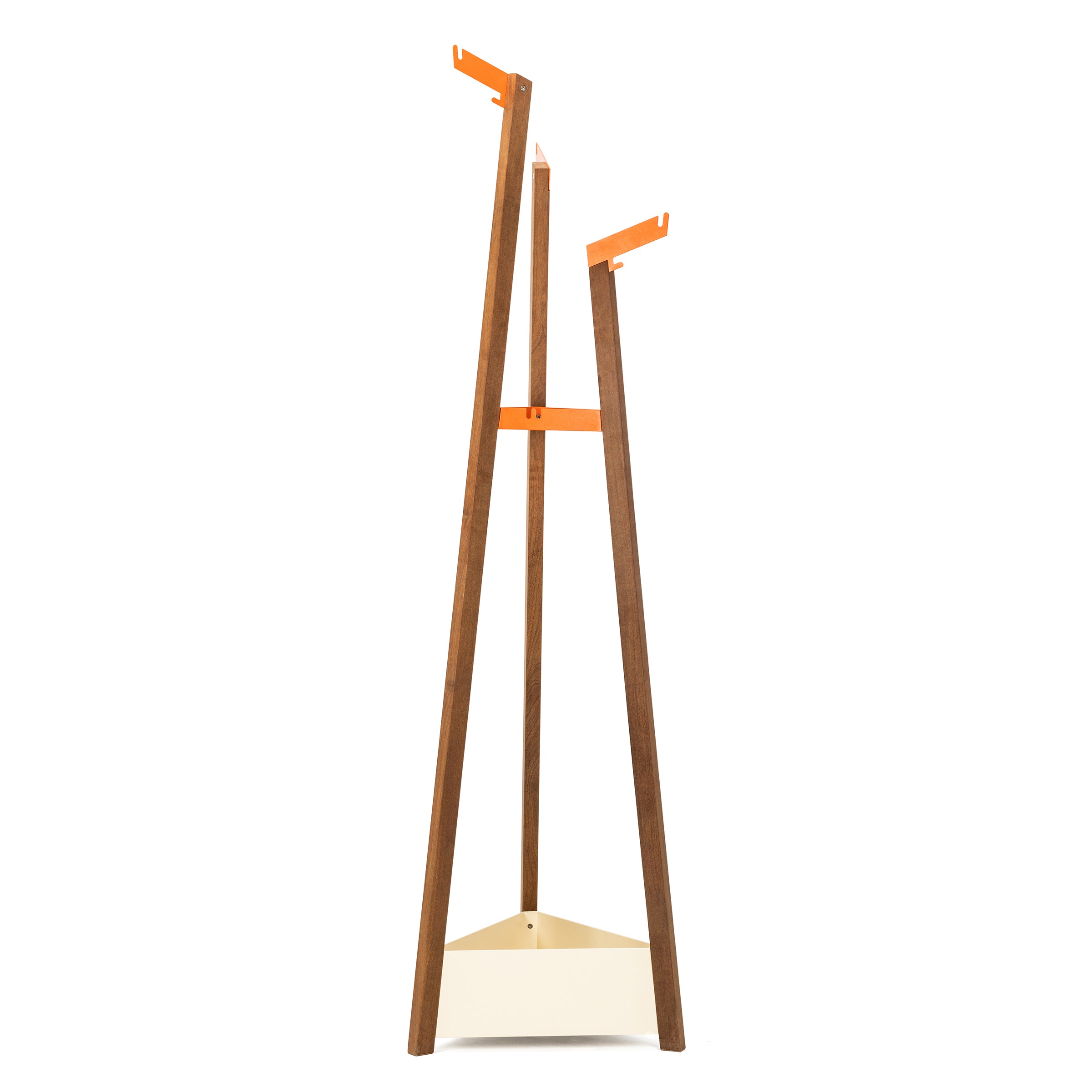 Introducing the Egoe Salto Coat Rack: a modern, minimalist design with three wooden legs and two bright orange hooks. It features an off-white, triangular shelf base. Its simple geometric style adds elegance to any space, standing effortlessly against a plain white backdrop.