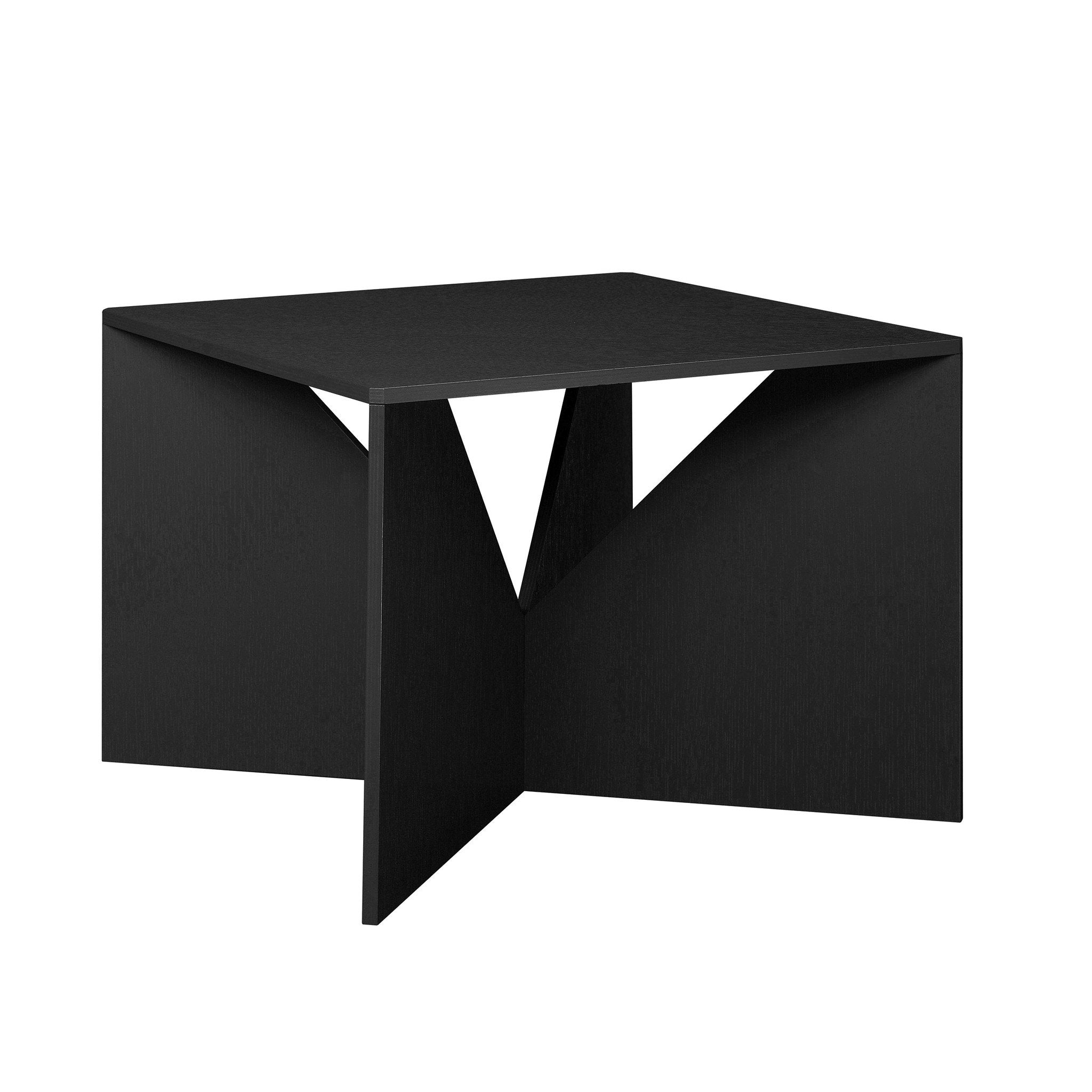 The FK04 CALVERT by E15 is a modern black geometric side table inspired by Ferdinand Kramer. It boasts a triangular base and square top, offering an edgy, minimalist style. Ideal as a side or coffee table, its contemporary vibe suits various spaces.