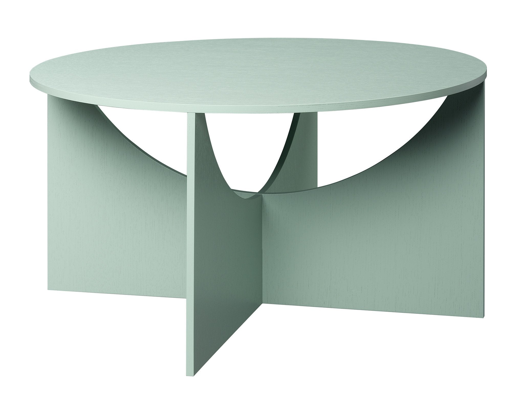 The FK05 CHARLOTTE coffee table by E15 features a modern round design and pastel teal finish. Its flat top and intersecting base with curved cutouts create a geometric aesthetic, inspired by Ferdinand Kramer. Special sale offer available now.