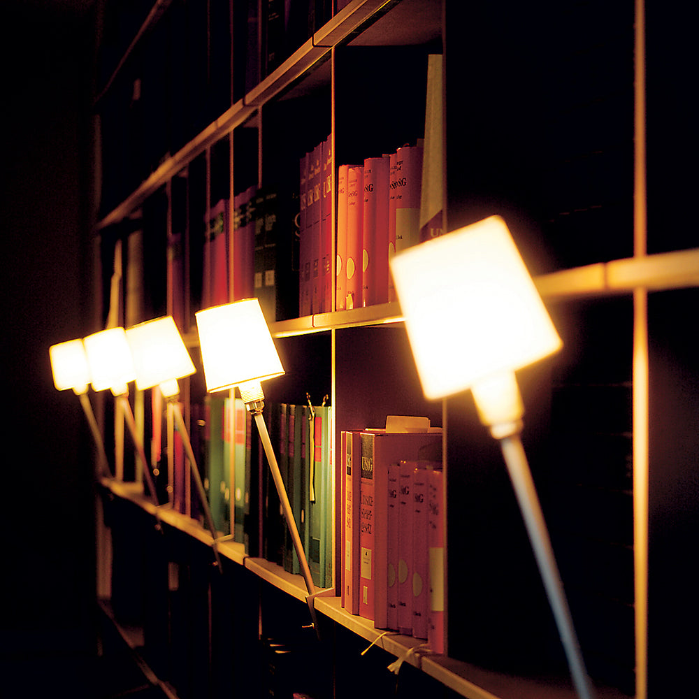 The Rosi Lamp by Moormann, part of the EGAL-shelf system, casts a warm glow on vibrant books. These modern rectangular lamps are evenly spaced on wooden shelves, creating a cozy and inviting atmosphere.