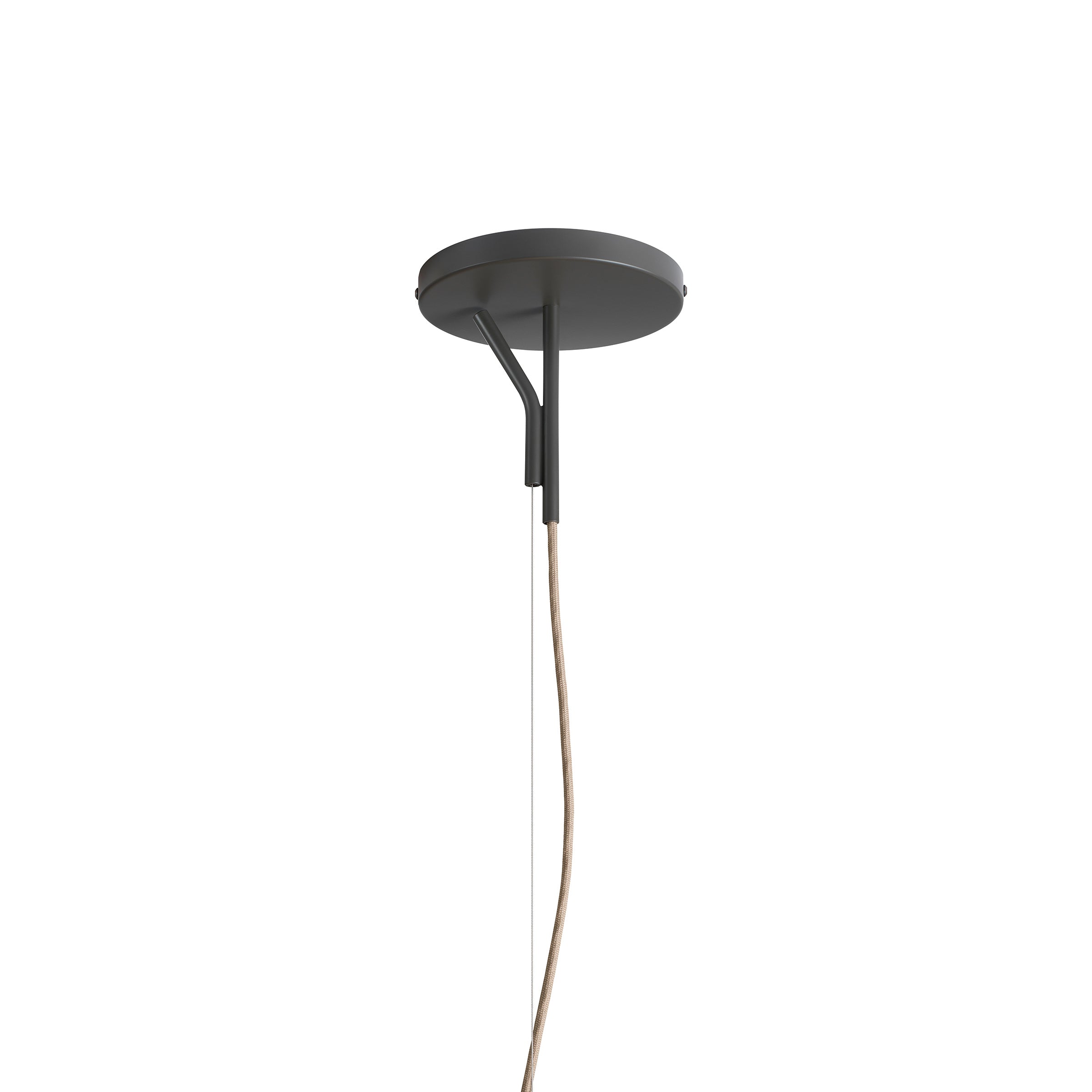 The Fliegenbein PL Pendant by Kalmar features a minimalist ceiling-mounted design with a round black metal base and single cord, complemented by a pleated silk shade. It beautifully disperses ambient light against a white background, blending simplicity with elegance.