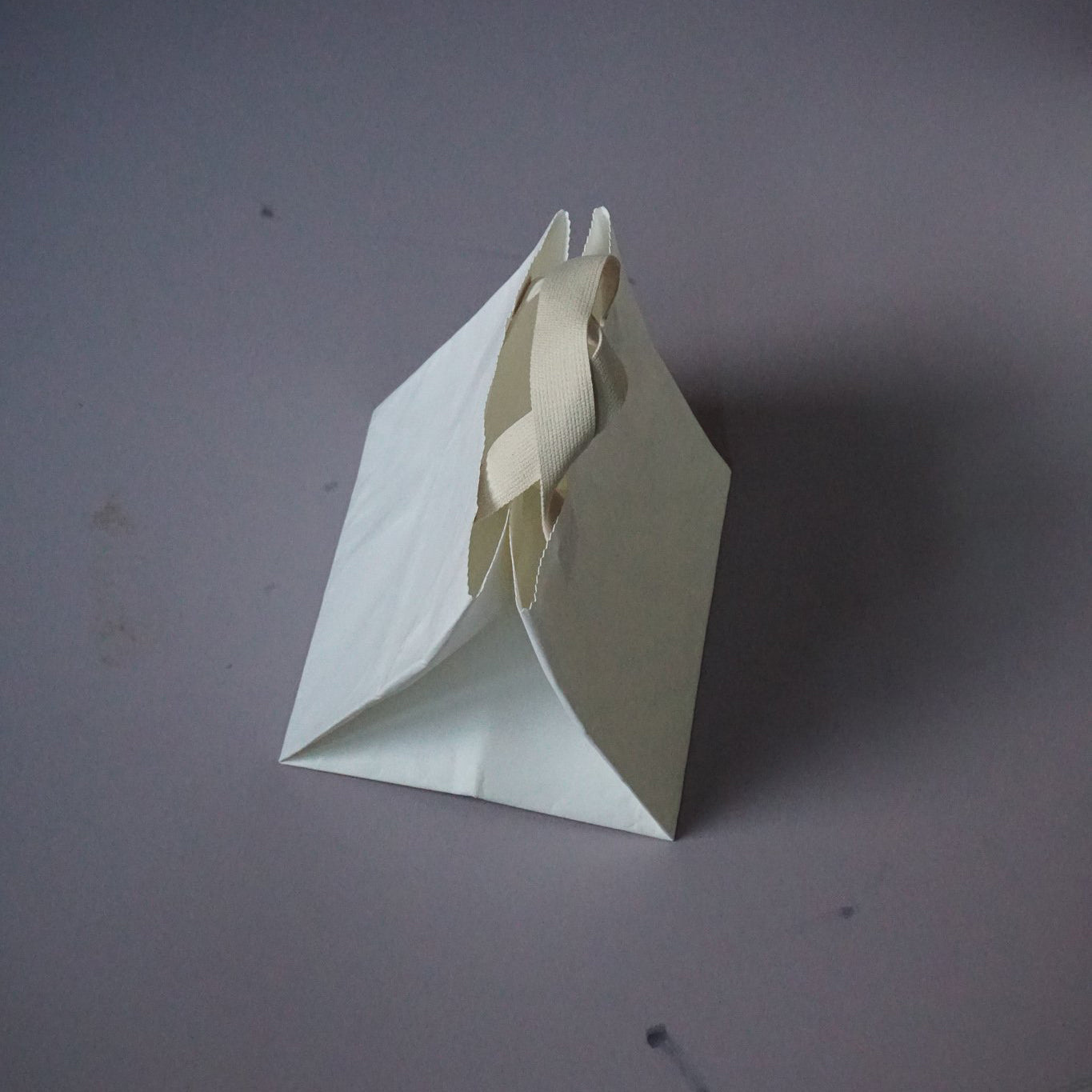 The GoodGoods Box Bag, a chic tote-inspired white paper bag with a ribbon handle, is elegantly displayed on a gray surface.