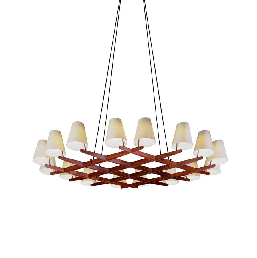 Kalmars Hallstatt chandelier features a stunning wooden lattice armature with twelve white lampshades, ideal for entrance areas. Its elegantly suspended by thin black cords.