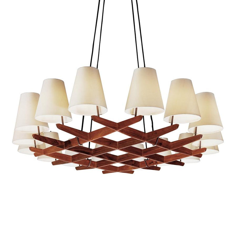 Introducing the Hallstatt by Kalmar: a geometric wooden chandelier with 12 white cone lampshades, perfect for entrance areas. Suspended by black cords, it effortlessly blends contemporary and classic design elements.