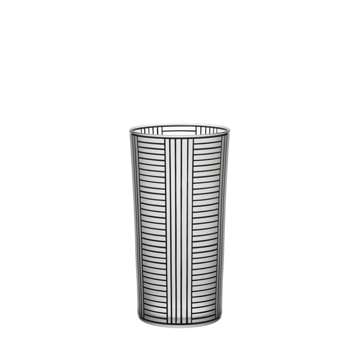 The Drinking Set Serie B by Lobmeyr features a tall, transparent glass crafted with mouth-blown precision, showcasing an artistic grid-like design of vertical black stripes intersected by thin horizontal lines reminiscent of Josef Hoffmann.