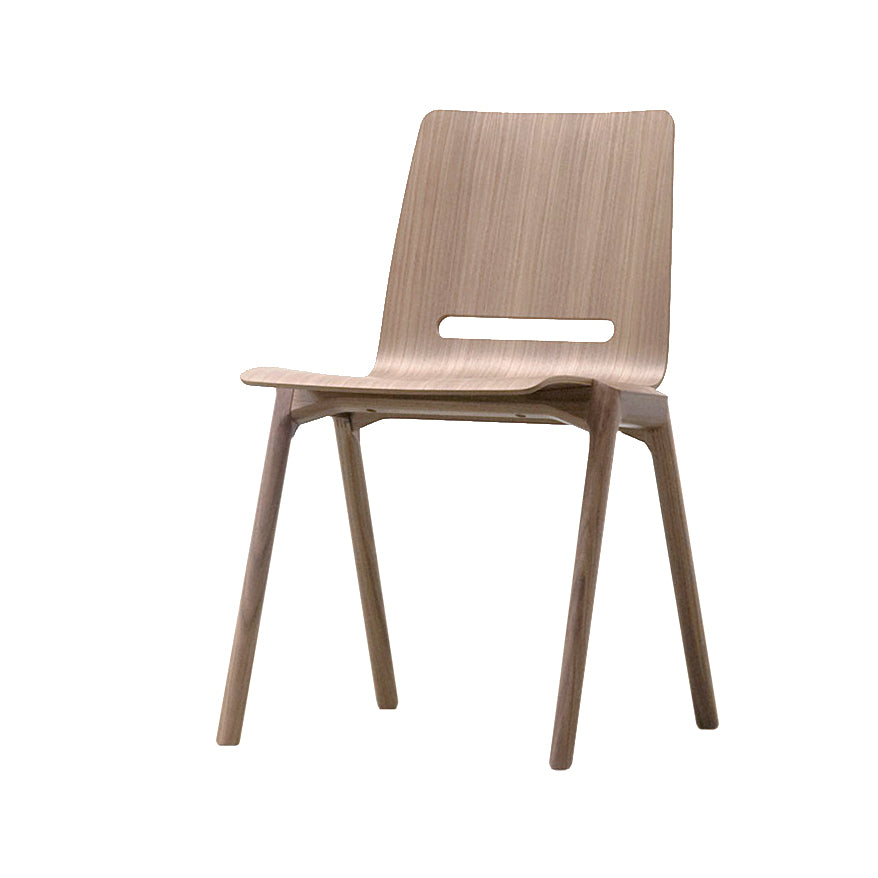 The Forum 2S - Upholstered by Hussl is a modern wooden chair with a sleek, minimalist design and unique style. It features a curved seat and backrest with a horizontal cut-out, supported by four angled legs. The natural finish emphasizes the grain, set against a plain white background.