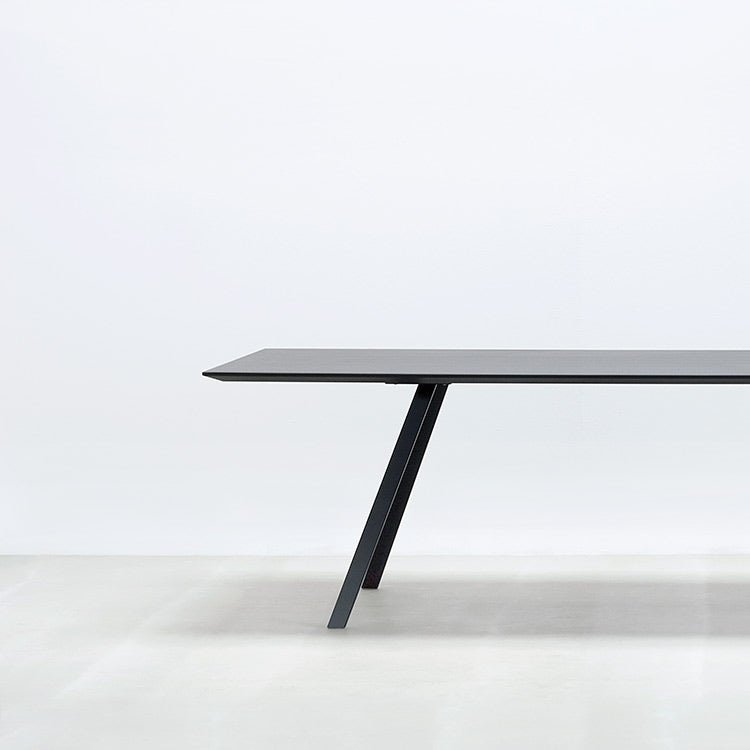 The Lino T by Hussl features a minimalistic design with a sleek, rectangular black top and distinctive angled legs on a stainless steel frame, set against a plain white background.