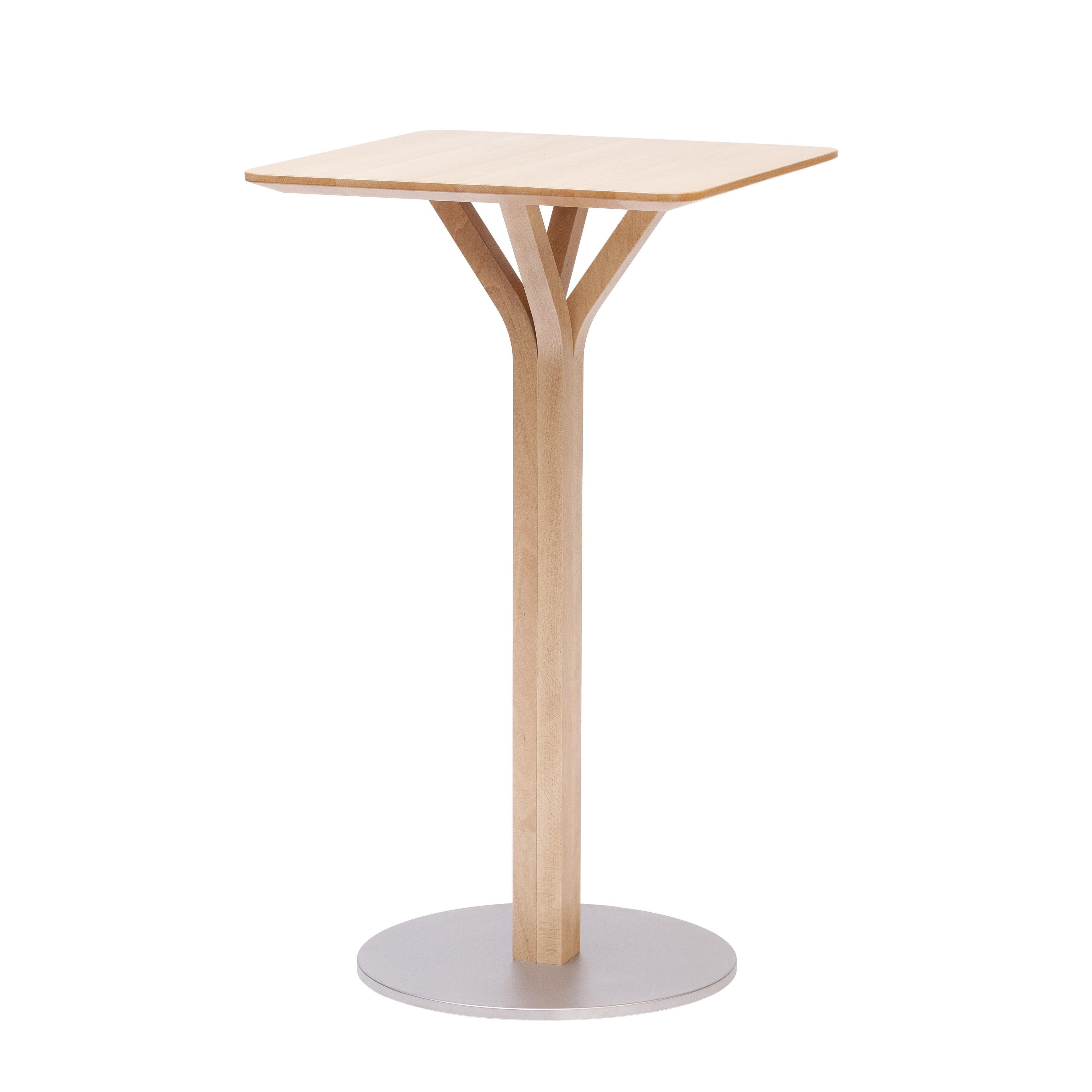 The Bloom Bar Table Square by TON, designed by Arik Levy, has a minimalist aesthetic with its modern light wood square oak tabletop and tree-like branching support on a round metal base, paralleling the elegance of Bloom small tables. Now available on sale.
