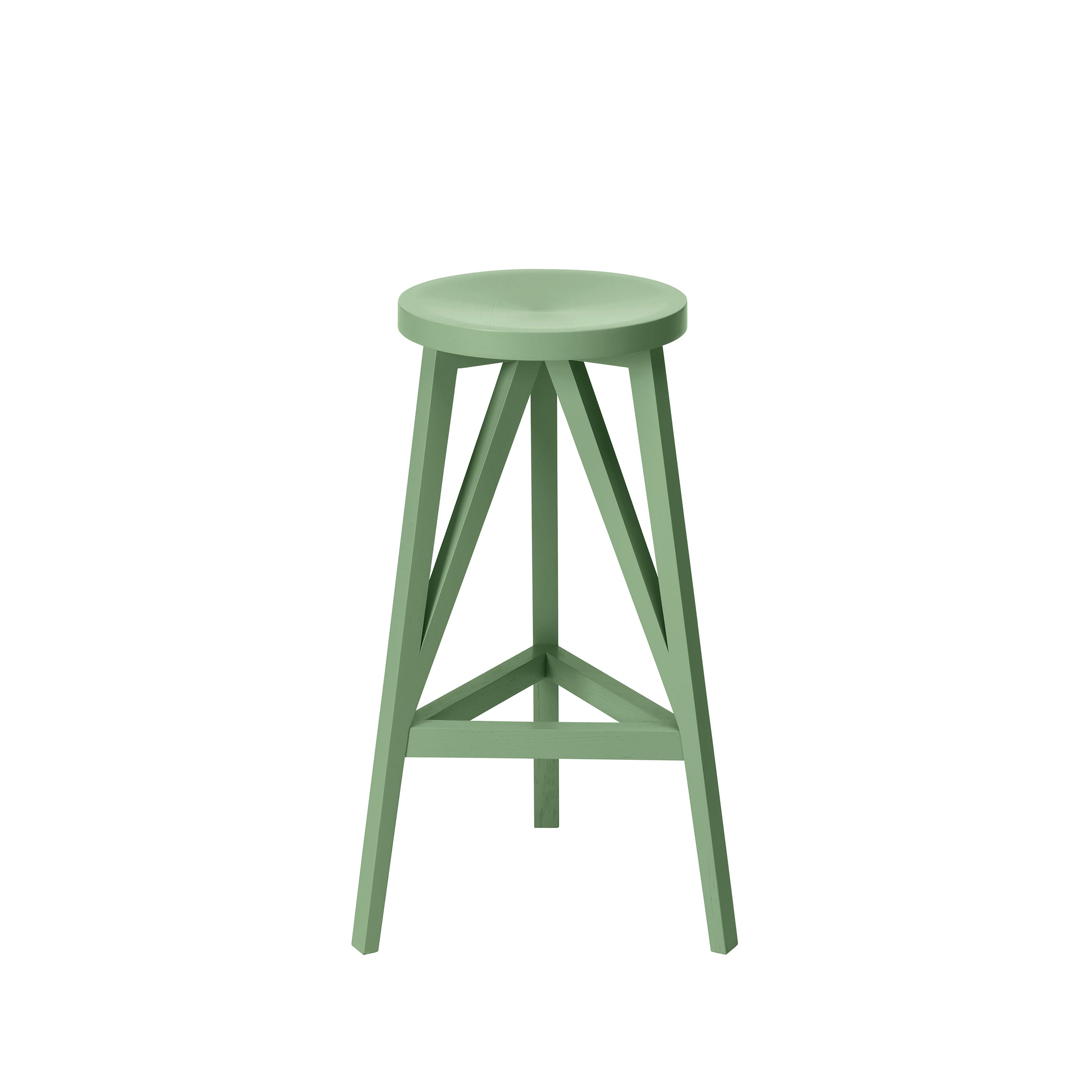 The JL4 Faber Barstool by Loehr is a green, solid oak stool with a round seat and four slanted legs linked by triangular braces. Its simple yet modern design reflects northern European architecture against a plain white backdrop.