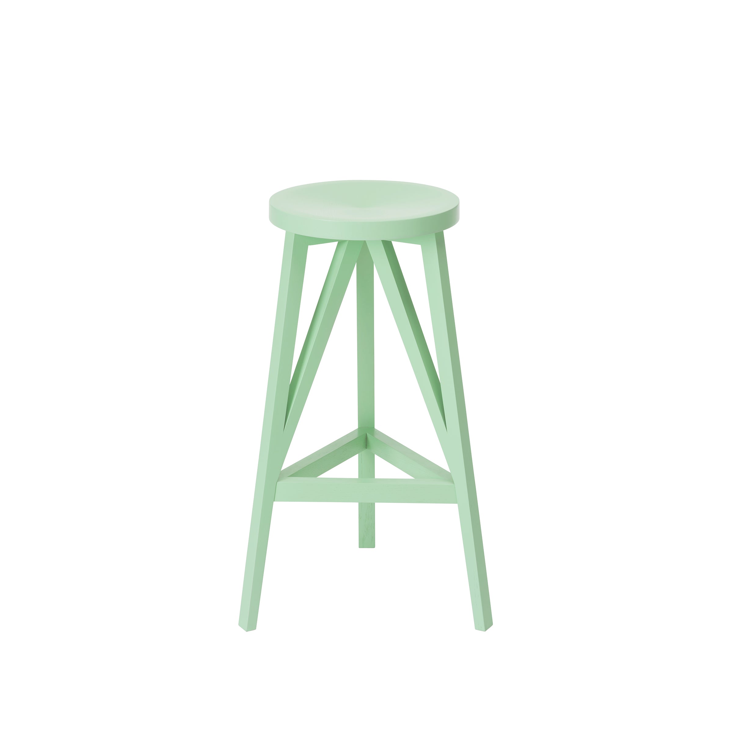 The JL4 Faber Barstool by Loehr is a mint green, round stool with four legs and a triangular support structure. Its smooth design reflects northern European architecture, and it stands out against a plain white background.